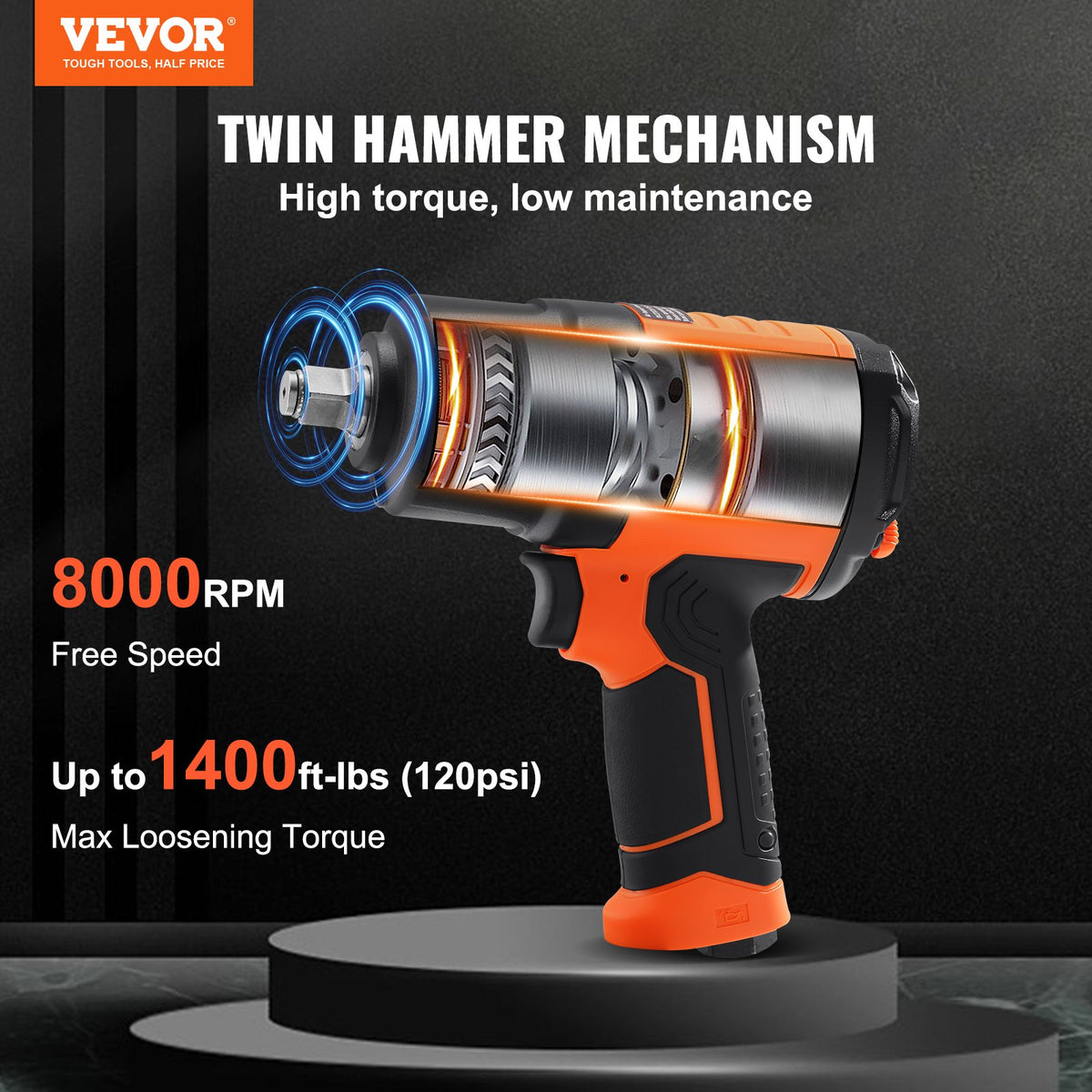 1/2-Inch Air Impact Wrench, High Torque Up to 1400 ft-lbs, Lightweight 4.6 lb Design Pneumatic Impact Gun V952-K1350N121650N3SQOV0