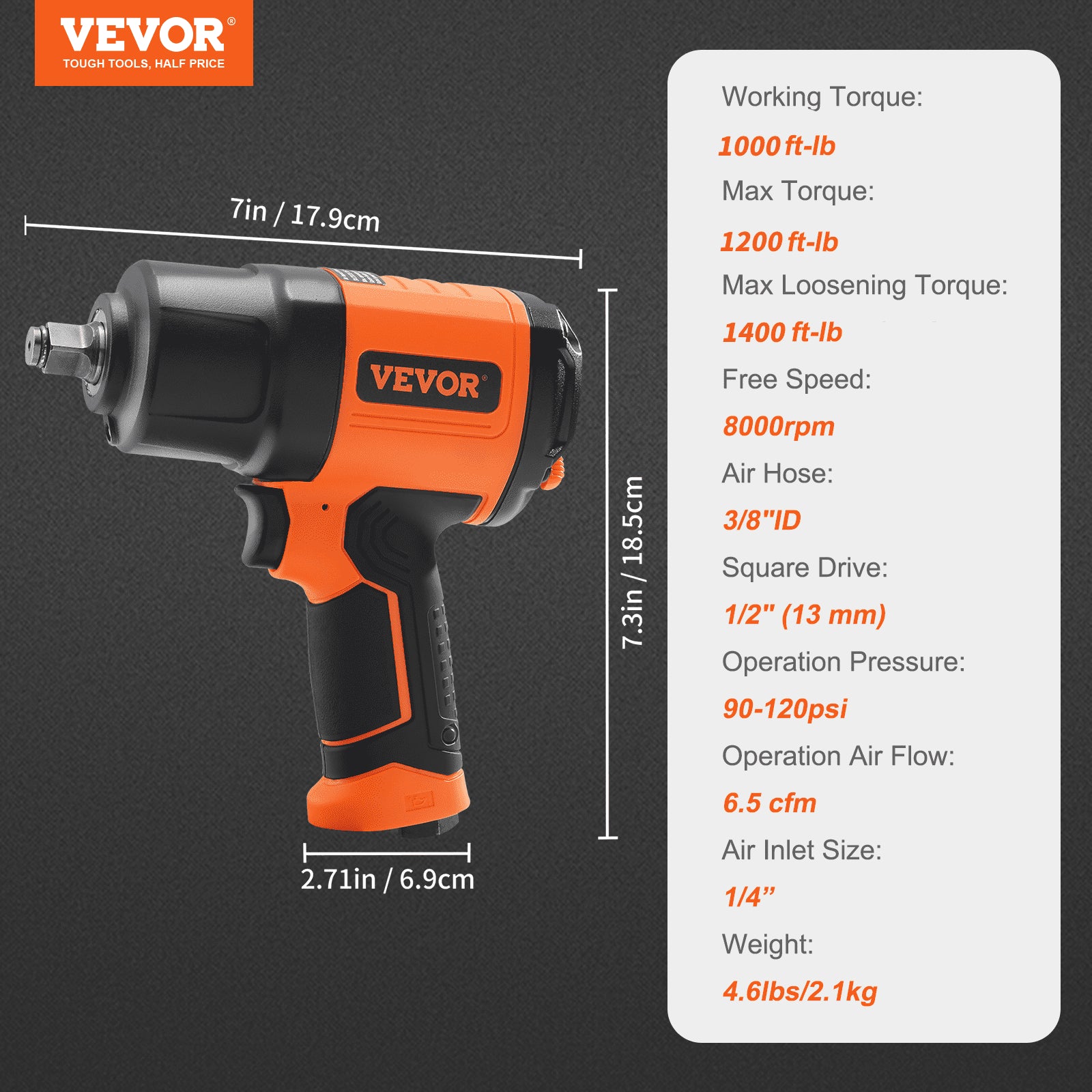 1/2-Inch Air Impact Wrench, High Torque Up to 1400 ft-lbs, Lightweight 4.6 lb Design Pneumatic Impact Gun V952-K1350N121650N3SQOV0