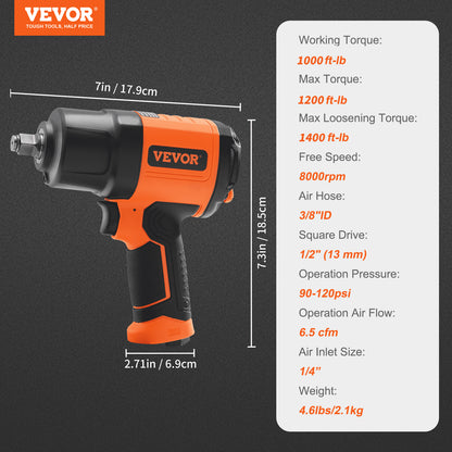 1/2-Inch Air Impact Wrench, High Torque Up to 1400 ft-lbs, Lightweight 4.6 lb Design Pneumatic Impact Gun V952-K1350N121650N3SQOV0