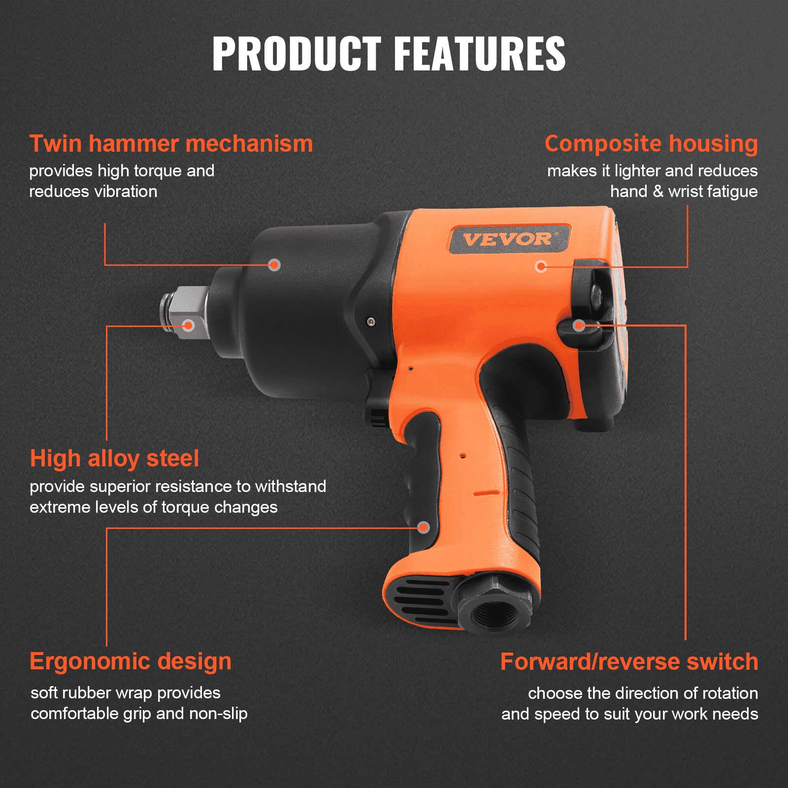 Air Impact Wrench, 3/4-Inch Drive Air Impact Gun, Up to 1870ft-lbs Nut-busting Torque, Composite Pneumatic V952-K2000N342200NXS66V0