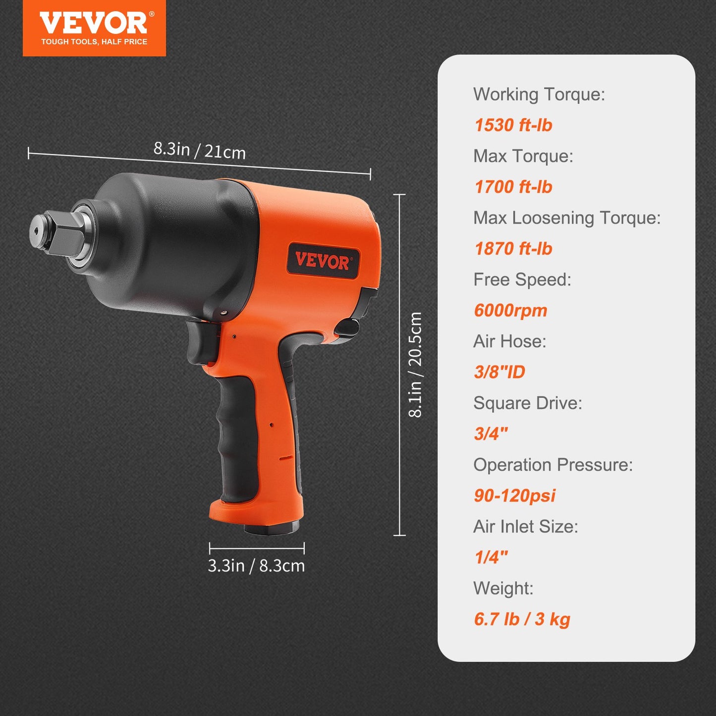 Air Impact Wrench, 3/4-Inch Drive Air Impact Gun, Up to 1870ft-lbs Nut-busting Torque, Composite Pneumatic V952-K2000N342200NXS66V0
