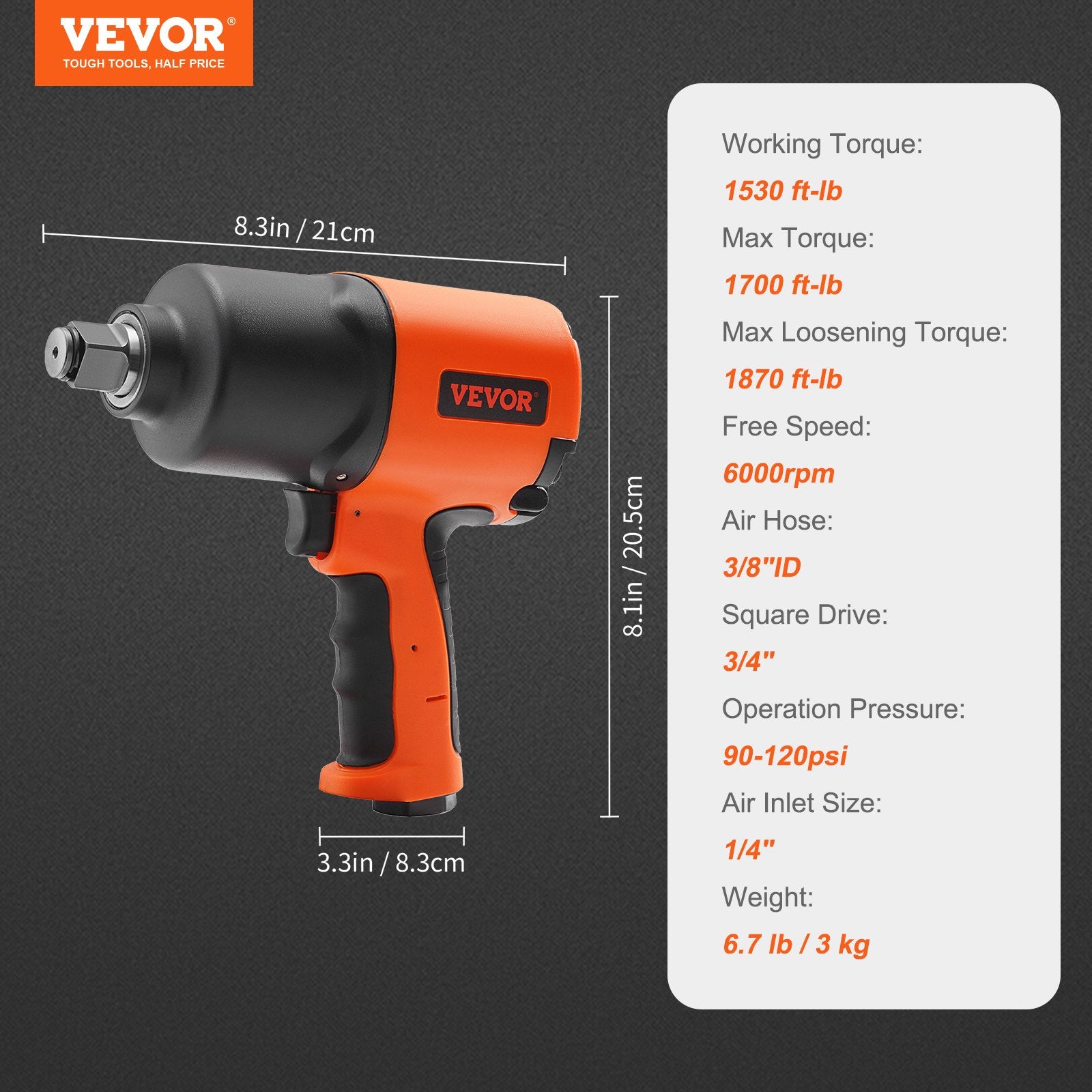 Air Impact Wrench, 3/4-Inch Drive Air Impact Gun, Up to 1870ft-lbs Nut-busting Torque, Composite Pneumatic V952-K2000N342200NXS66V0