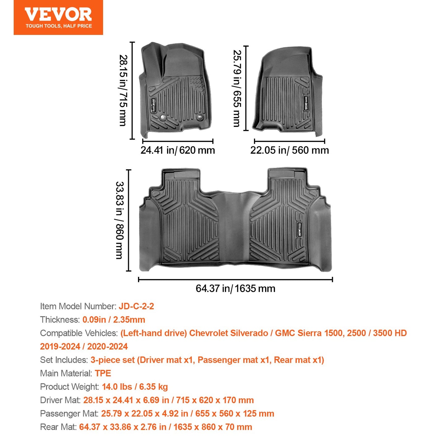 Automotive Floor Mats Fits for Chevrolet Silverado/GMC Sierra 1500 3 pcs V952-KCDBDXFLSILVY37NOV0