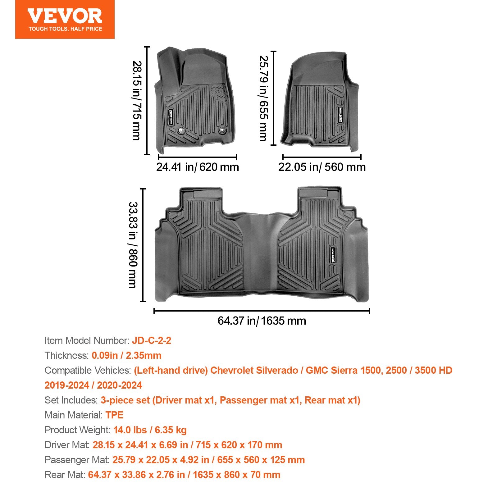 Automotive Floor Mats Fits for Chevrolet Silverado/GMC Sierra 1500 3 pcs V952-KCDBDXFLSILVY37NOV0