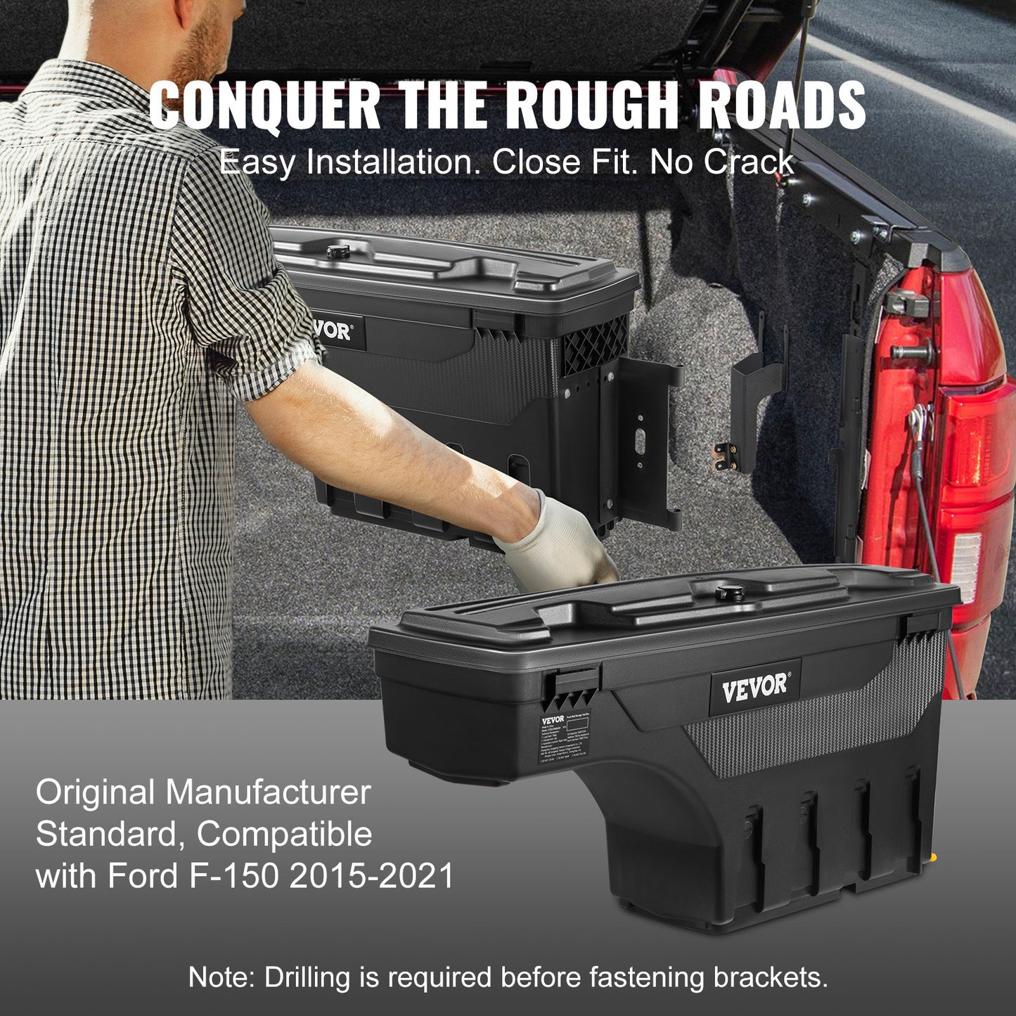 Truck Bed Storage Box, Lockable Swing Case with Password Padlock, 6.6 Gal/25 L ABS Wheel Well Tool Box, V952-KCLJGFORDF150SLEXV0