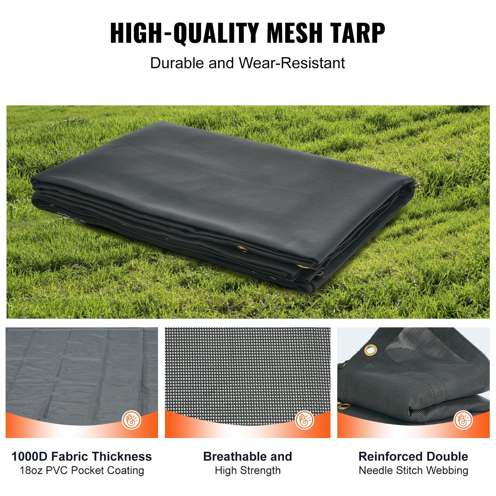 Dump Truck Mesh Tarp, 5 x 14 ft, PVC Coated Black Heavy Duty Cover with 5.5" 18oz Double Pocket, Brass V952-KCPVC5X1418OZKBIKV0