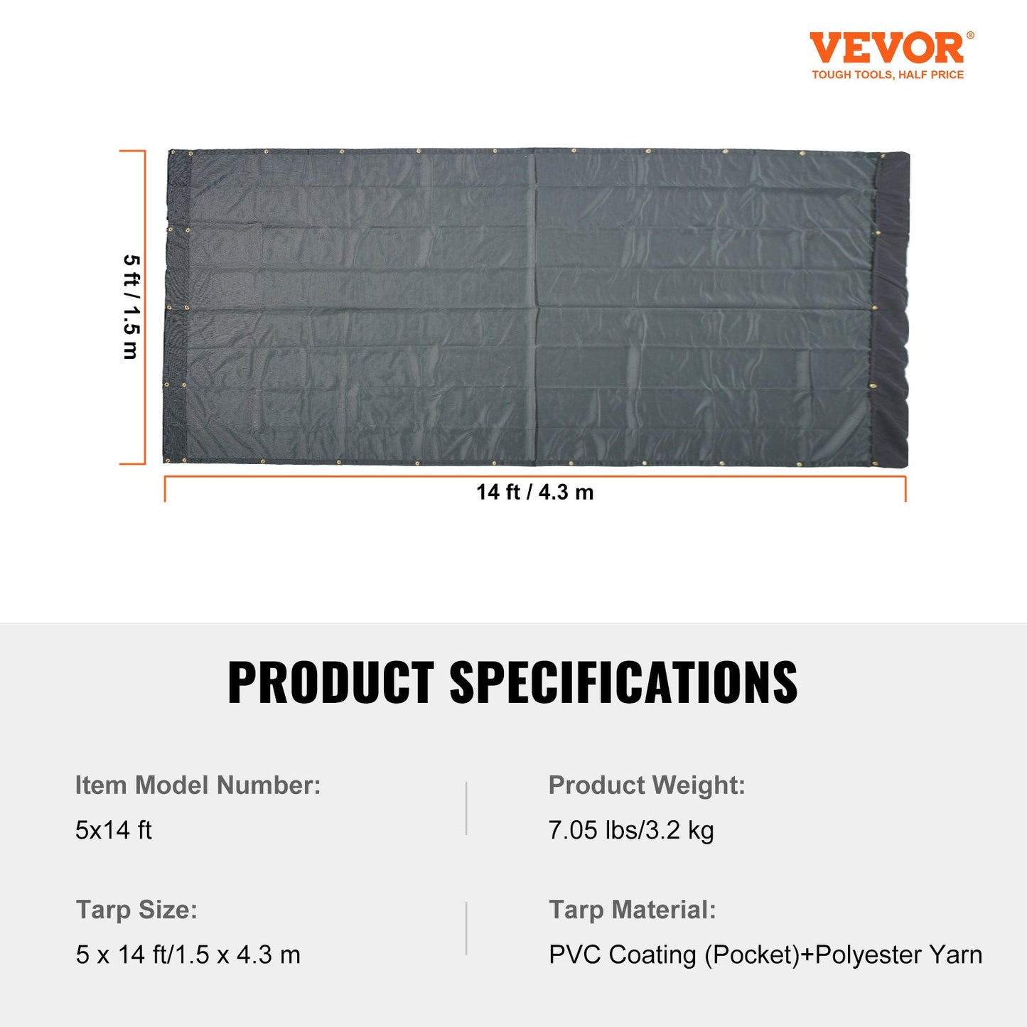 Dump Truck Mesh Tarp, 5 x 14 ft, PVC Coated Black Heavy Duty Cover with 5.5" 18oz Double Pocket, Brass V952-KCPVC5X1418OZKBIKV0