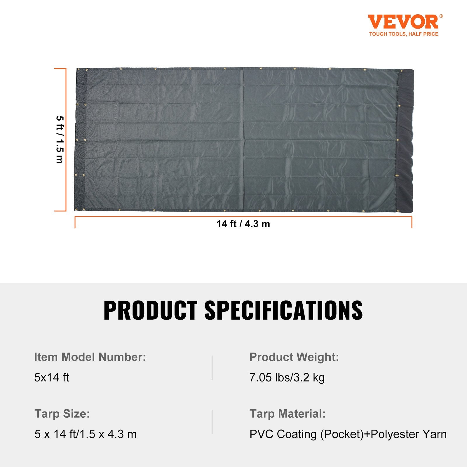 Dump Truck Mesh Tarp, 5 x 14 ft, PVC Coated Black Heavy Duty Cover with 5.5" 18oz Double Pocket, Brass V952-KCPVC5X1418OZKBIKV0