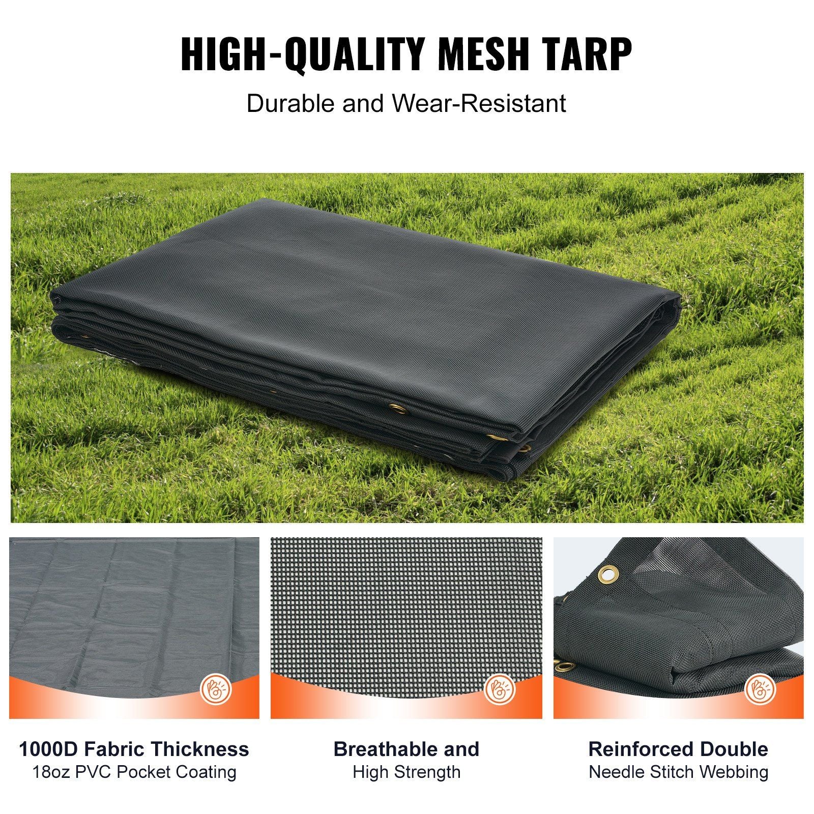 Dump Truck Mesh Tarp, 6 x 14 ft, PVC Coated Black Heavy Duty Cover with 5.5" 18oz Double Pocket, Brass V952-KCPVC6X1418OZJELJV0