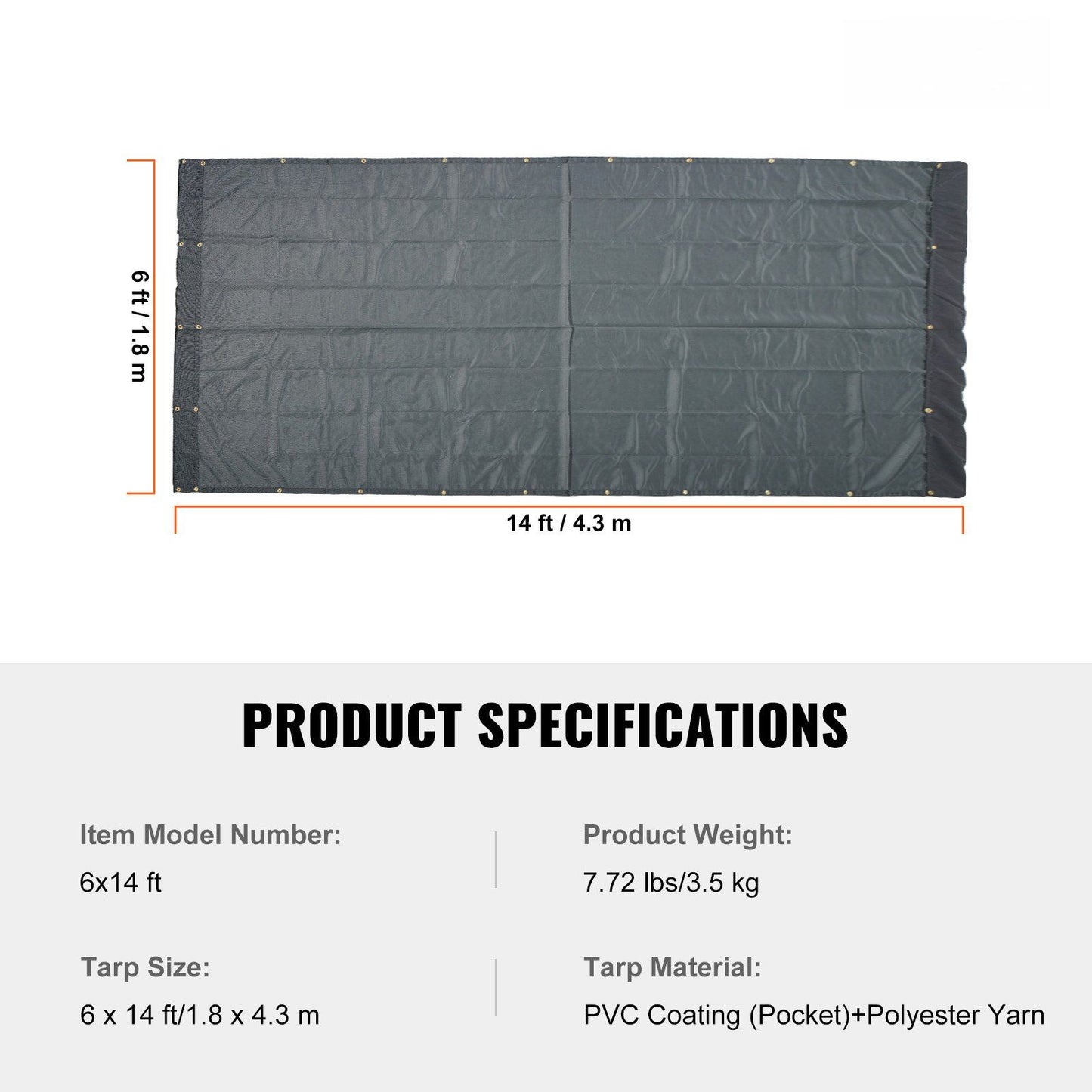 Dump Truck Mesh Tarp, 6 x 14 ft, PVC Coated Black Heavy Duty Cover with 5.5" 18oz Double Pocket, Brass V952-KCPVC6X1418OZJELJV0
