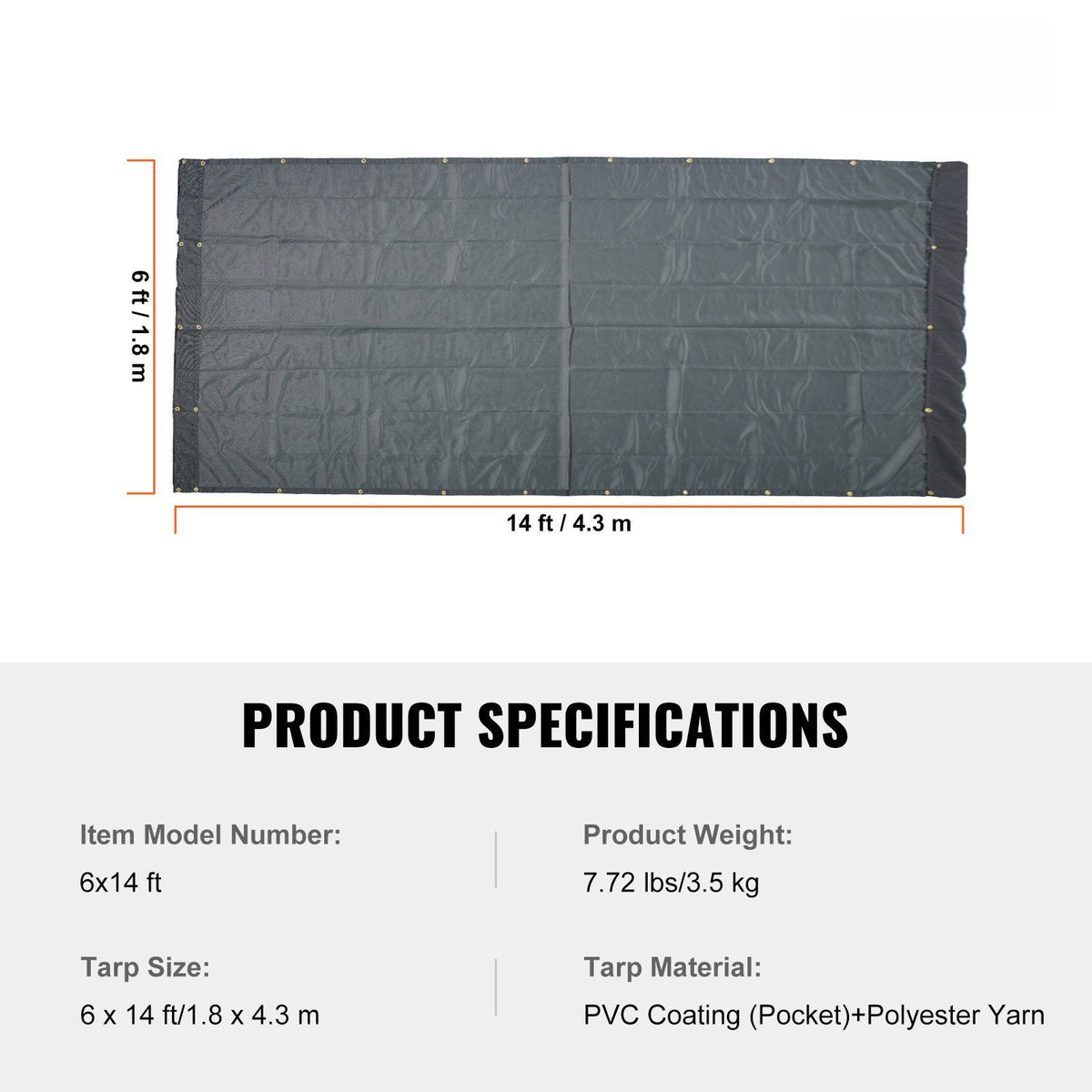 Dump Truck Mesh Tarp, 6 x 14 ft, PVC Coated Black Heavy Duty Cover with 5.5" 18oz Double Pocket, Brass V952-KCPVC6X1418OZJELJV0