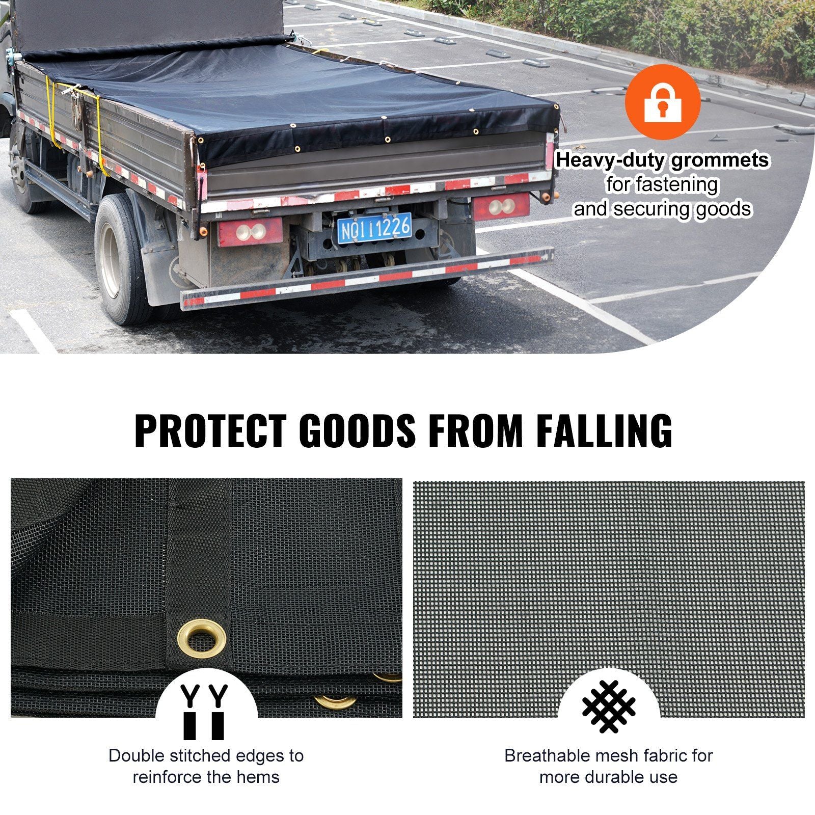 Dump Truck Mesh Tarp, 7 x 14 ft, PVC Coated Black Heavy Duty Cover with 5.5" 18oz Double Pocket, Brass V952-KCPVC7X1418OZ9JB4V0