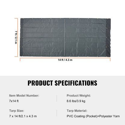 Dump Truck Mesh Tarp, 7 x 14 ft, PVC Coated Black Heavy Duty Cover with 5.5" 18oz Double Pocket, Brass V952-KCPVC7X1418OZ9JB4V0