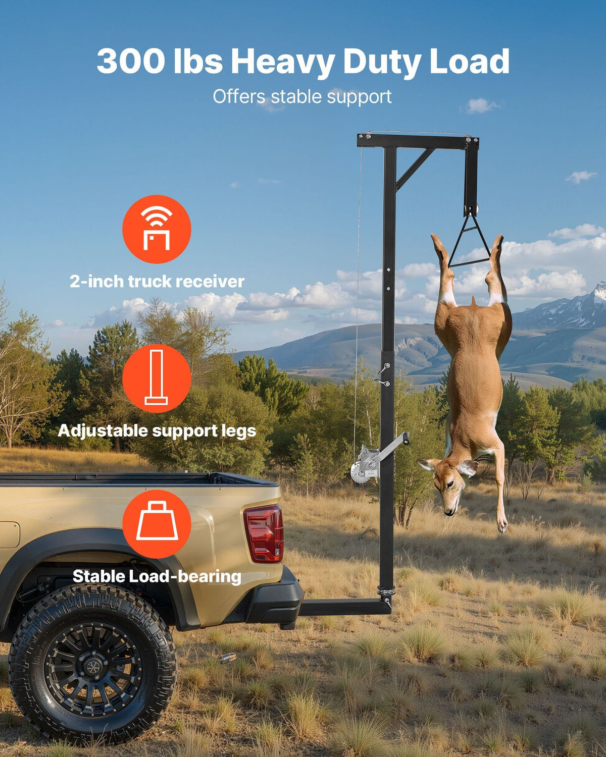 Truck Hitch Game Hoist, 300 lbs Load Capacity, Hunting Deer Hoist with 2-inch Receiver, 360-Degree Swivel V952-KCSSLSHL300L2ACZE001V0