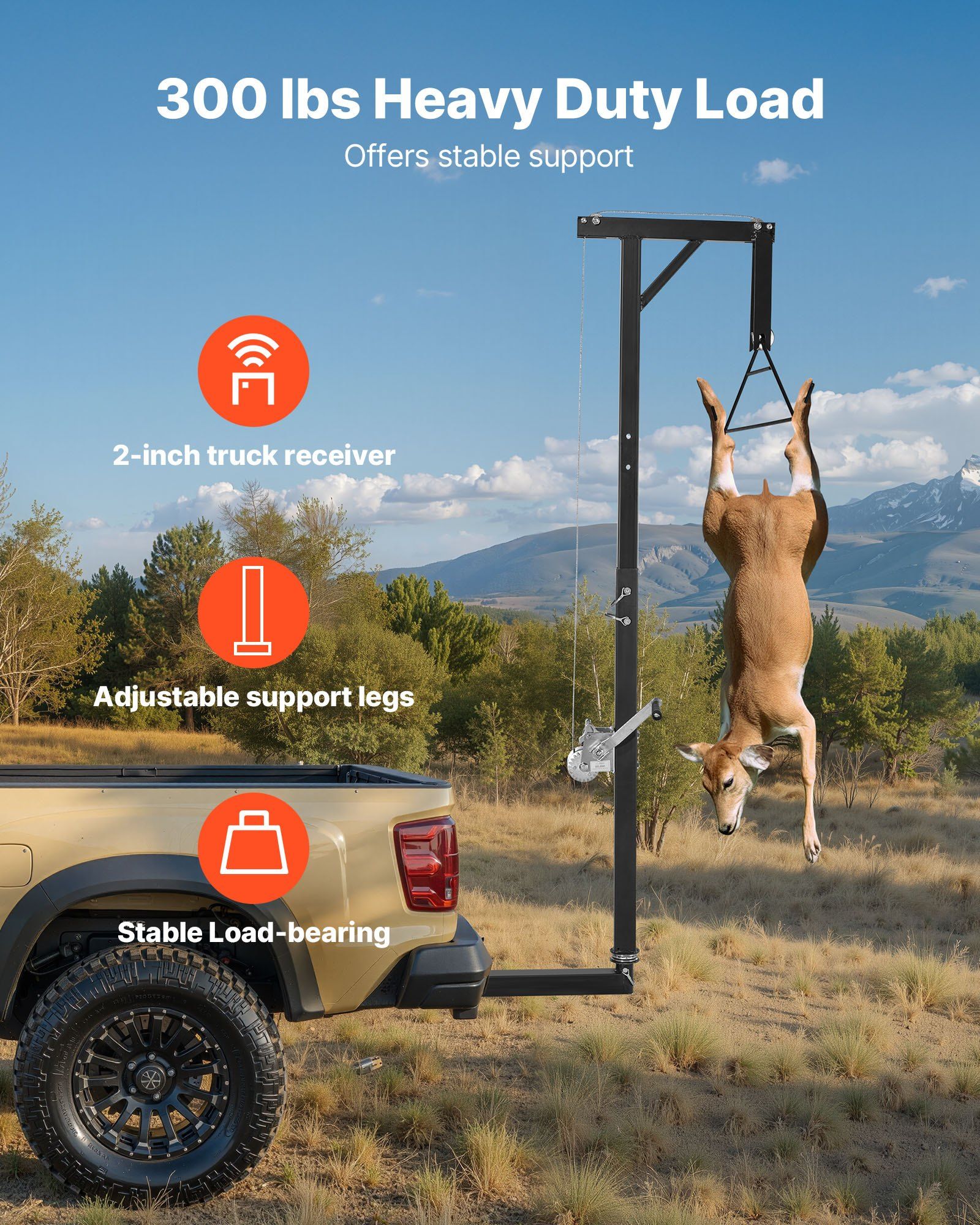 Truck Hitch Game Hoist, 300 lbs Load Capacity, Hunting Deer Hoist with 2-inch Receiver, 360-Degree Swivel V952-KCSSLSHL300L2ACZE001V0