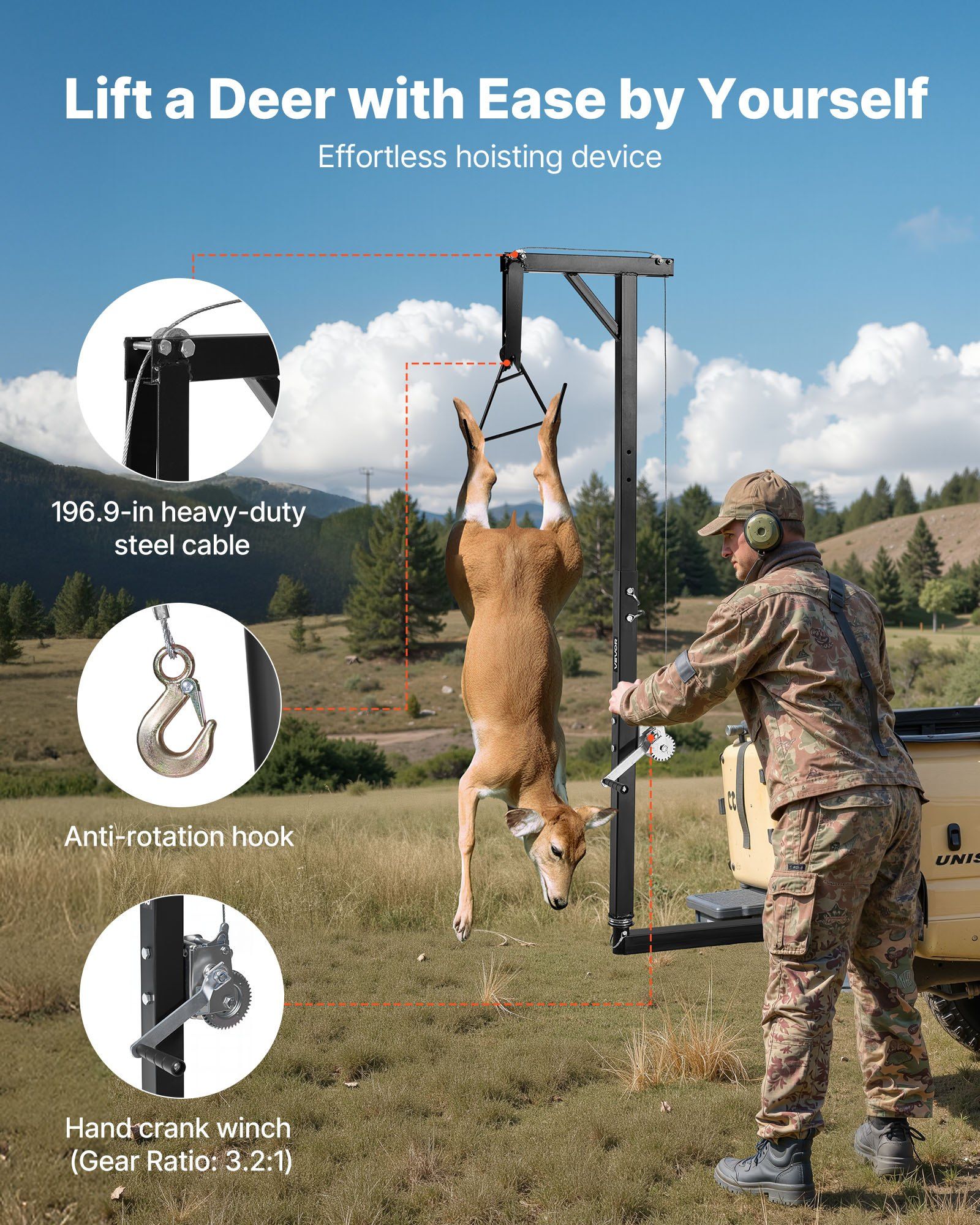 Truck Hitch Game Hoist, 300 lbs Load Capacity, Hunting Deer Hoist with 2-inch Receiver, 360-Degree Swivel V952-KCSSLSHL300L2ACZE001V0