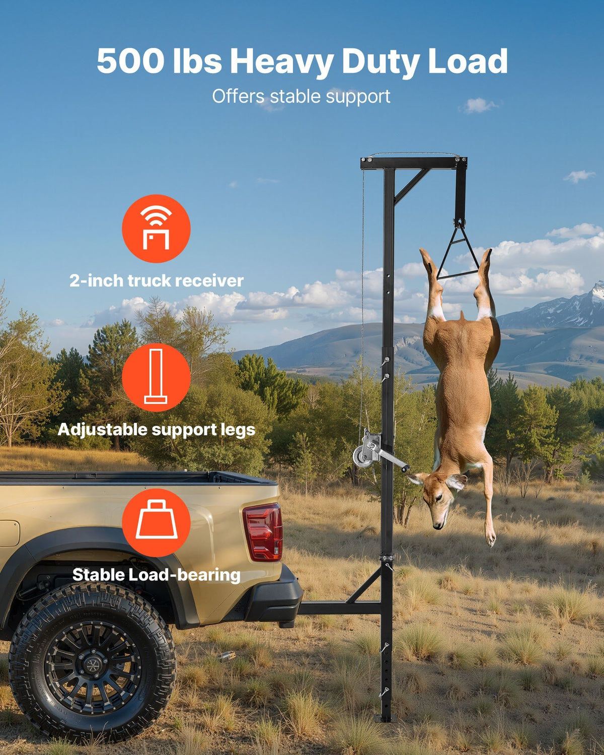 Truck Hitch Game Hoist, 500 lbs Load Capacity, Hunting Deer Hoist with 2-inch Receiver, 360-Degree Swivel V952-KCSSLSHL500L4HM93001V0