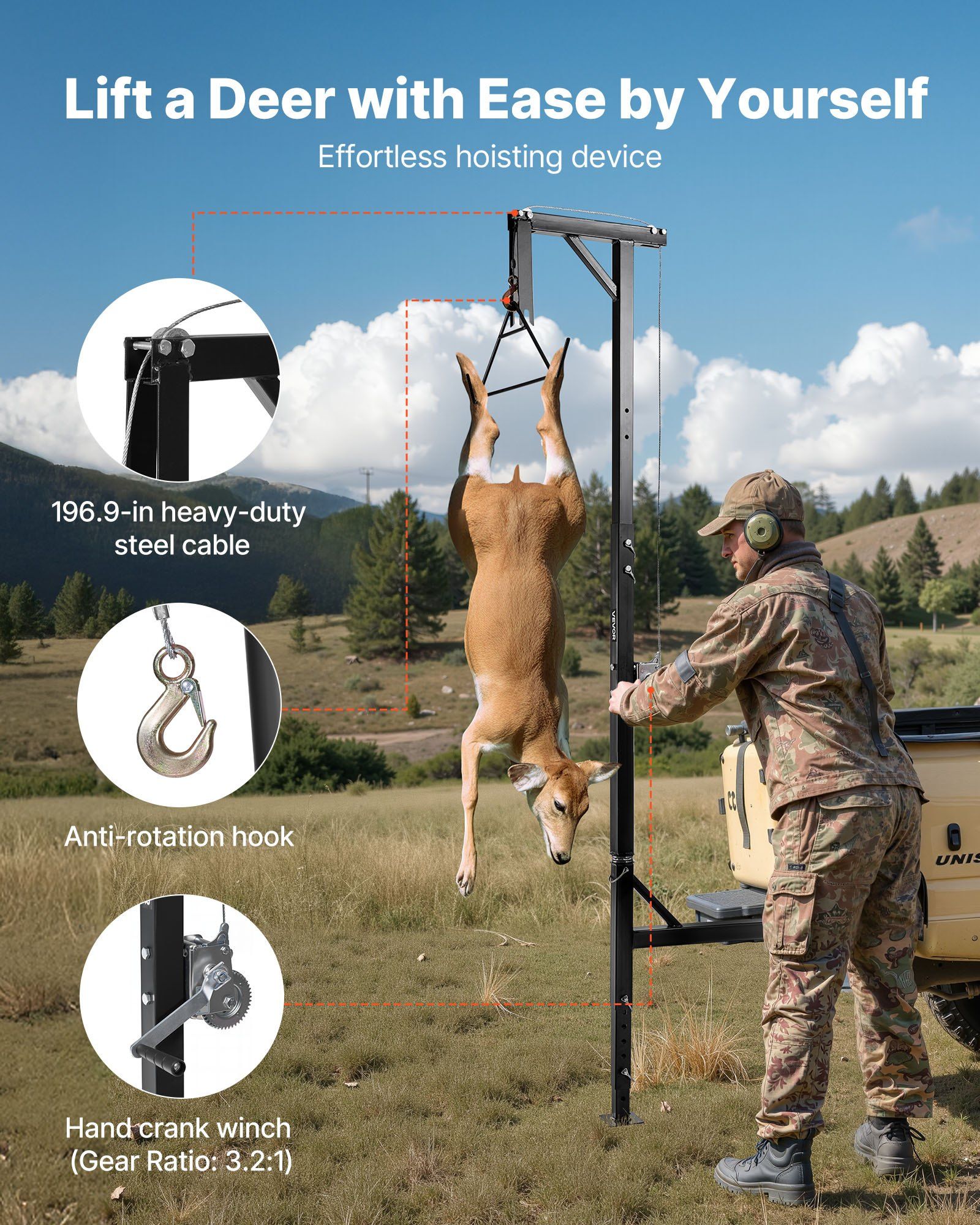 Truck Hitch Game Hoist, 500 lbs Load Capacity, Hunting Deer Hoist with 2-inch Receiver, 360-Degree Swivel V952-KCSSLSHL500L4HM93001V0
