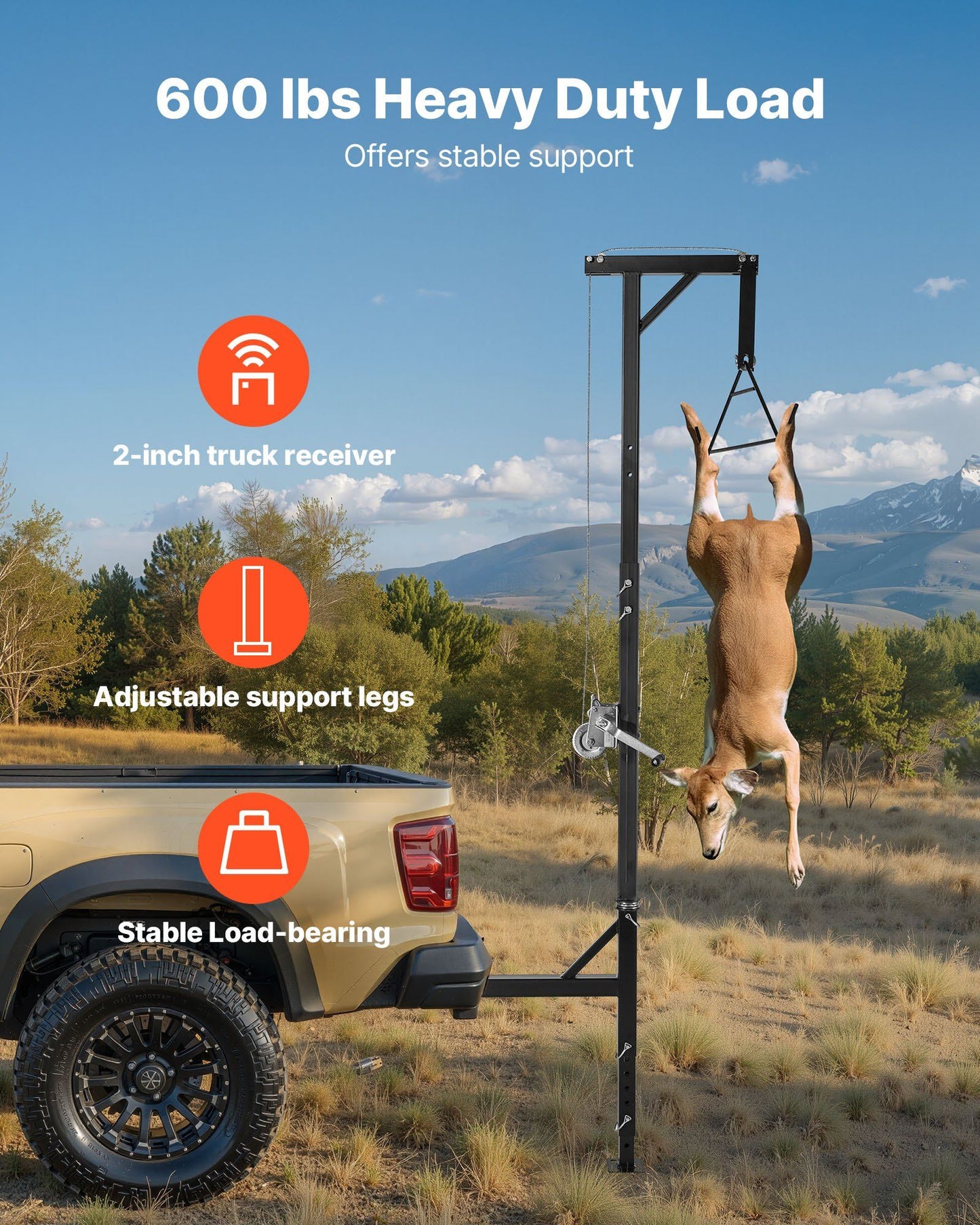 Truck Hitch Game Hoist, 600 lbs Load Capacity, Hunting Deer Hoist with 2-inch Receiver, 360-Degree Swivel V952-KCSSLSHL600LDZE1M001V0