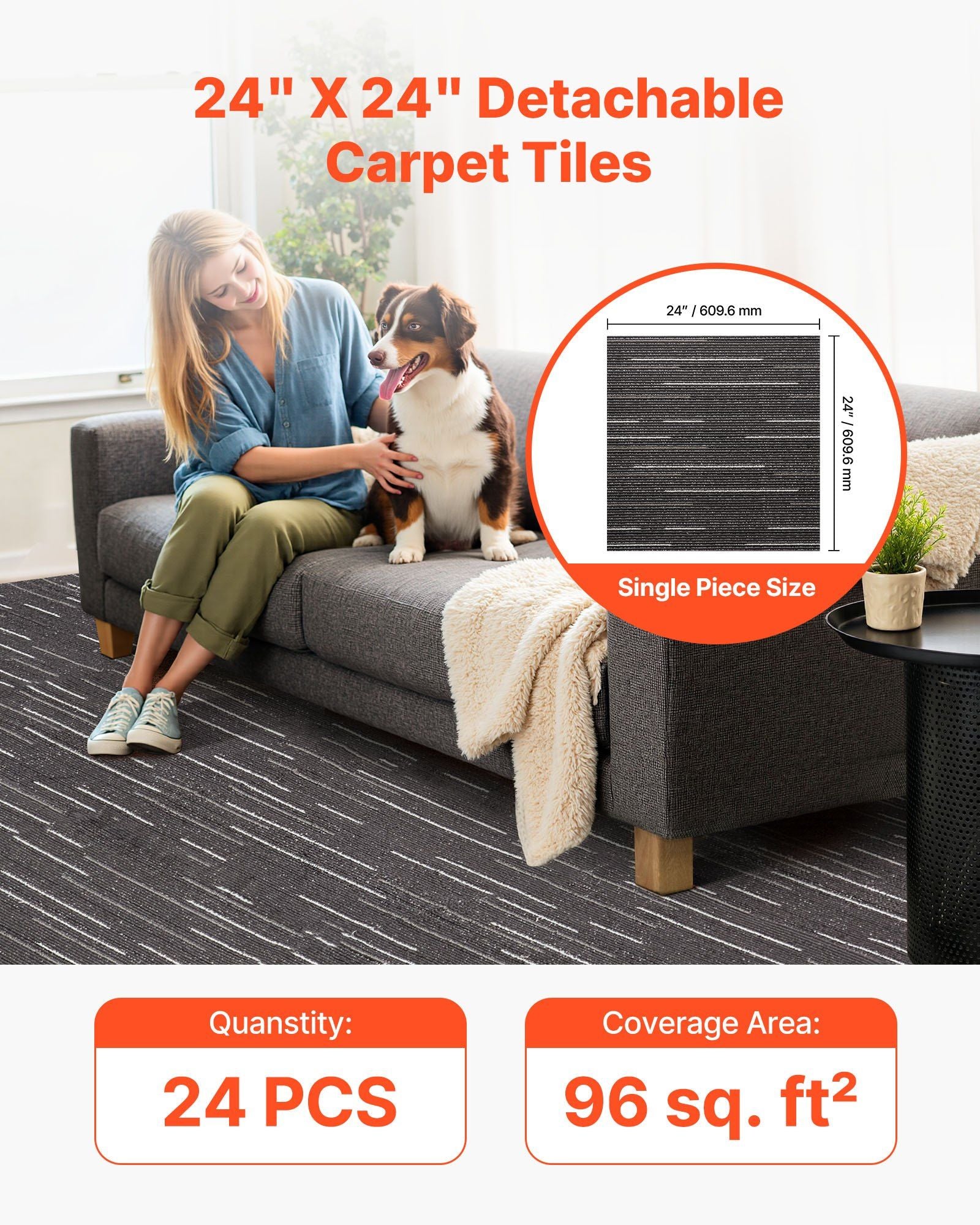 Carpet Tiles Reusable 610x610 mm, 24 PCS Modular Carpet Square Rug, Commercial Floor Soft Padded for Seamless V952-KCXFKDT2424I3DI15001V0