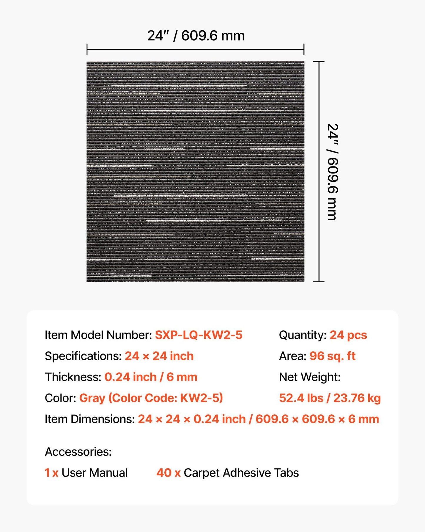 Carpet Tiles Reusable 610x610 mm, 24 PCS Modular Carpet Square Rug, Commercial Floor Soft Padded for Seamless V952-KCXFKDT2424I3DI15001V0