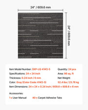 Carpet Tiles Reusable 610x610 mm, 24 PCS Modular Carpet Square Rug, Commercial Floor Soft Padded for Seamless V952-KCXFKDT2424I3DI15001V0