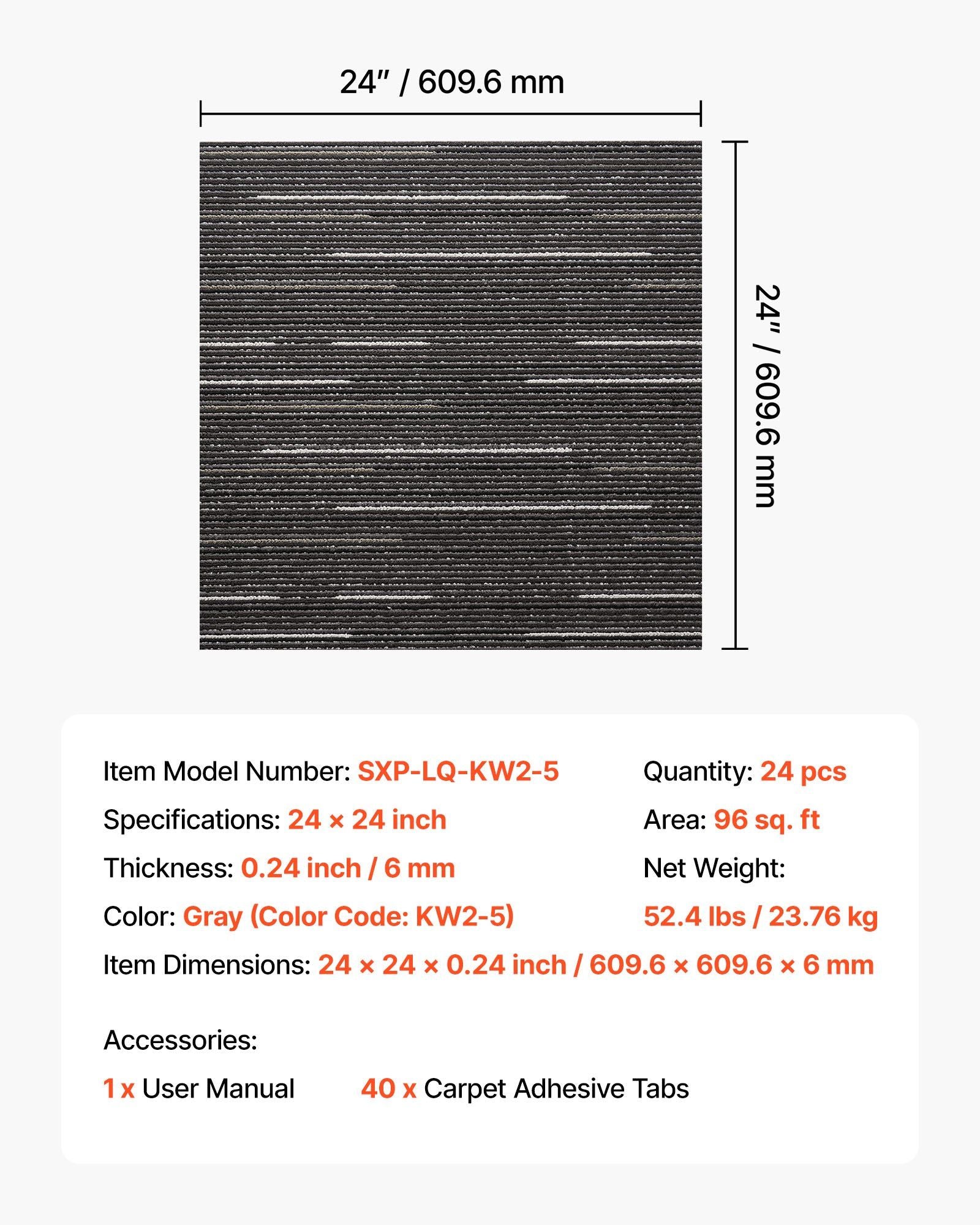Carpet Tiles Reusable 610x610 mm, 24 PCS Modular Carpet Square Rug, Commercial Floor Soft Padded for Seamless V952-KCXFKDT2424I3DI15001V0