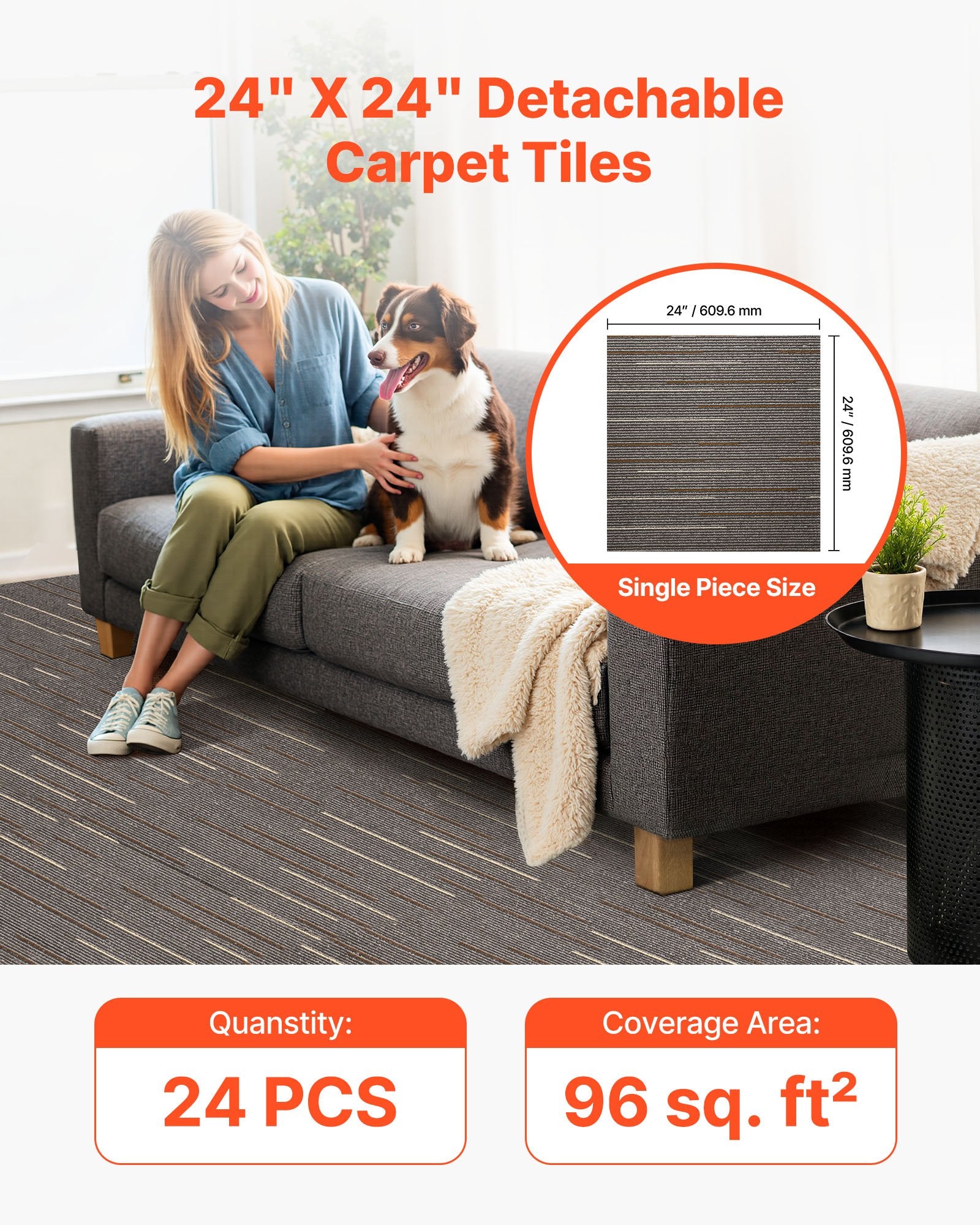 Carpet Tiles Reusable 610x610 mm, 24 PCS Modular Carpet Square Rug, Commercial Floor Soft Padded for Seamless V952-KCXFKDT2424IF0ZX7001V0