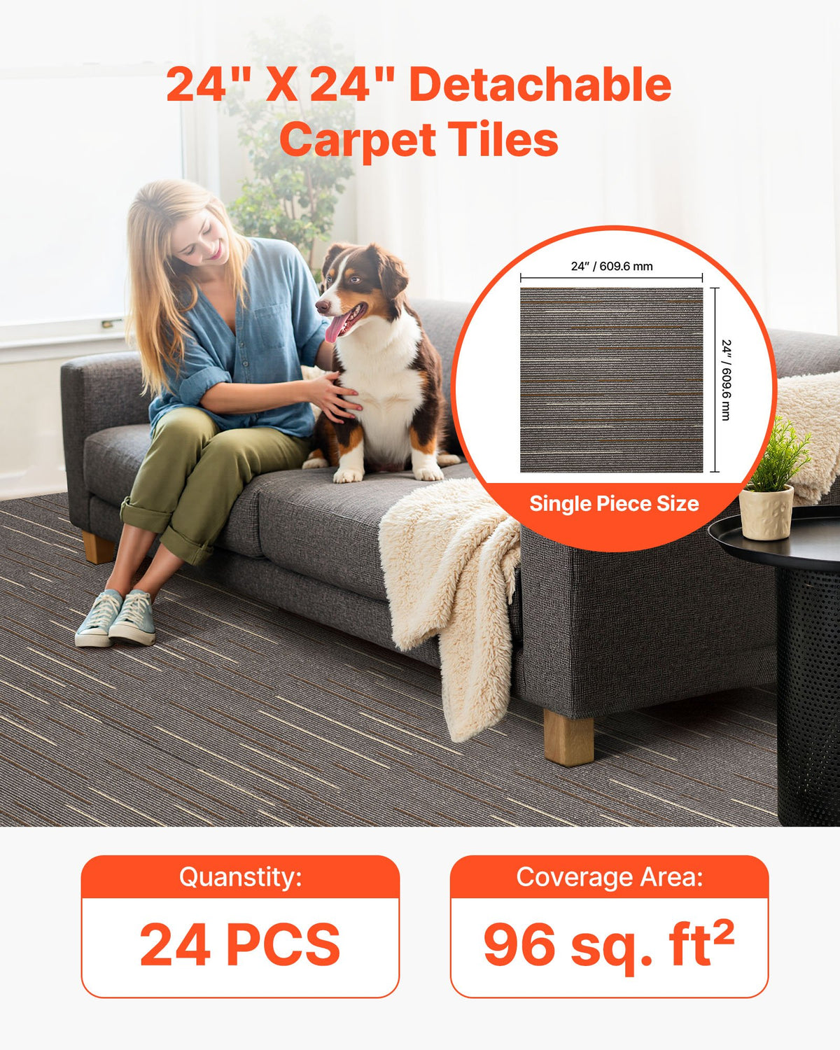 Carpet Tiles Reusable 610x610 mm, 24 PCS Modular Carpet Square Rug, Commercial Floor Soft Padded for Seamless V952-KCXFKDT2424IF0ZX7001V0