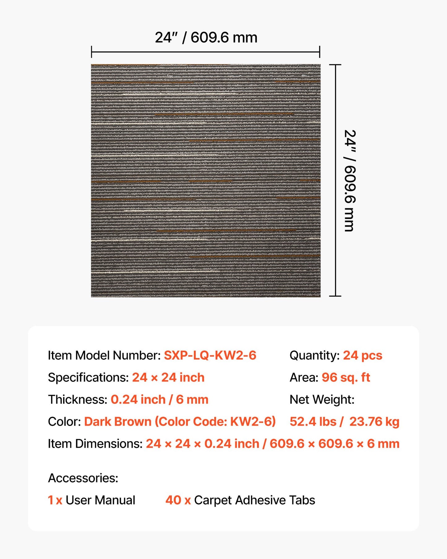 Carpet Tiles Reusable 610x610 mm, 24 PCS Modular Carpet Square Rug, Commercial Floor Soft Padded for Seamless V952-KCXFKDT2424IF0ZX7001V0