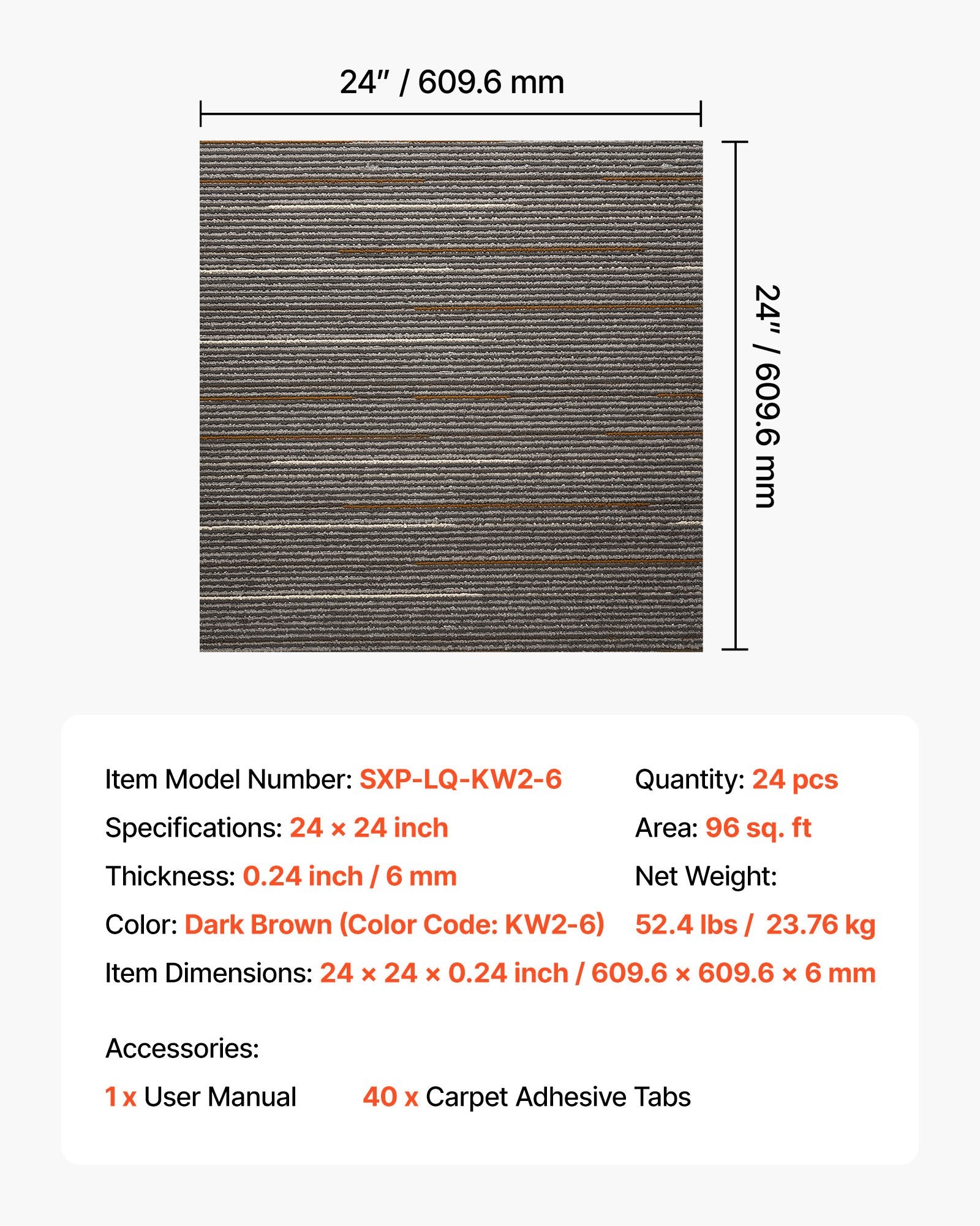 Carpet Tiles Reusable 610x610 mm, 24 PCS Modular Carpet Square Rug, Commercial Floor Soft Padded for Seamless V952-KCXFKDT2424IF0ZX7001V0