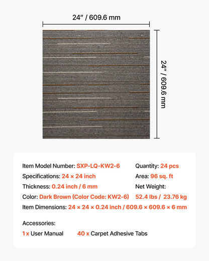 Carpet Tiles Reusable 610x610 mm, 24 PCS Modular Carpet Square Rug, Commercial Floor Soft Padded for Seamless V952-KCXFKDT2424IF0ZX7001V0