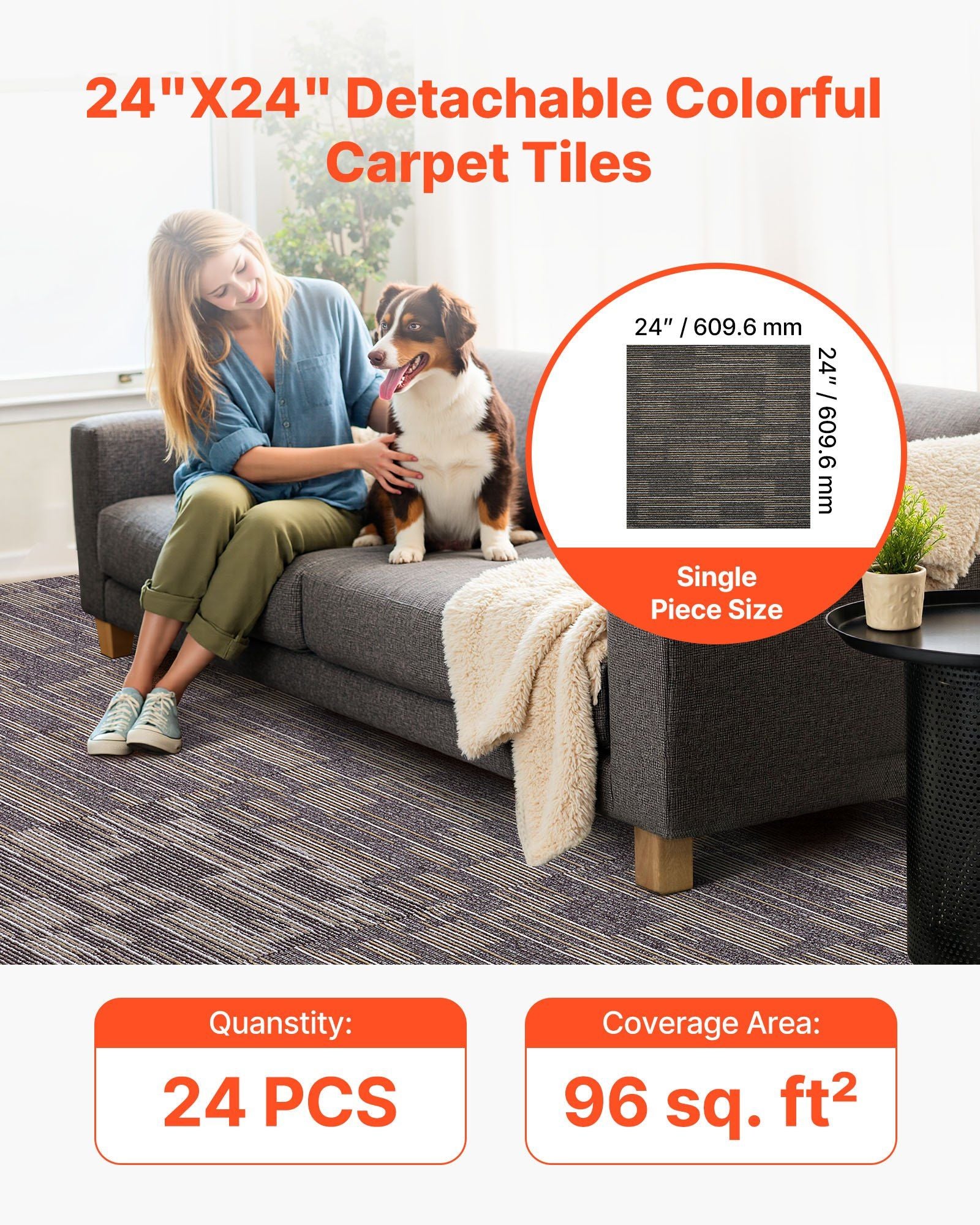 Carpet Tiles Reusable 610x610 mm, 24 PCS Modular Carpet Square Rug, Commercial Floor Soft Padded for Seamless V952-KCXFKDT2424IJ3ENO001V0