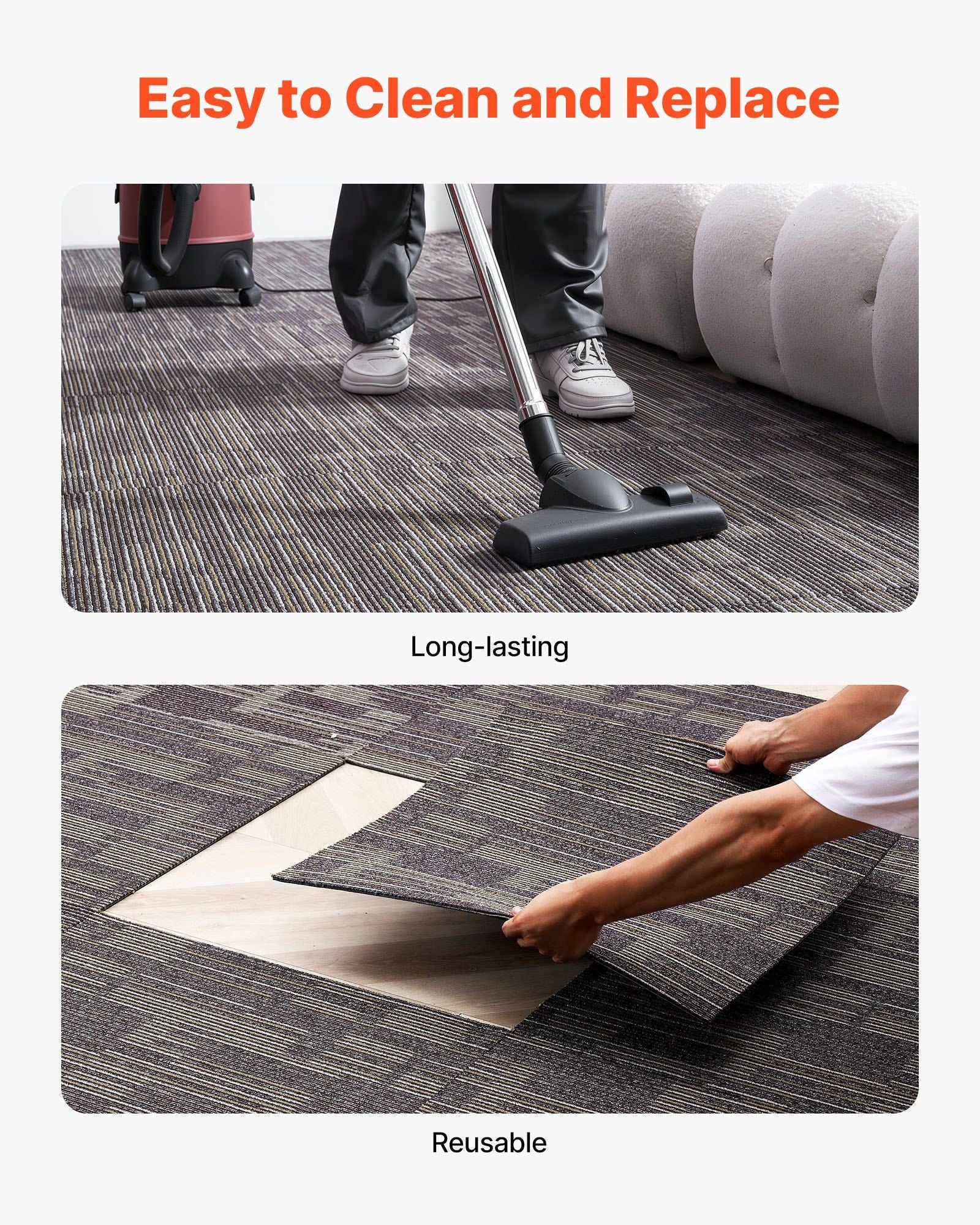 Carpet Tiles Reusable 610x610 mm, 24 PCS Modular Carpet Square Rug, Commercial Floor Soft Padded for Seamless V952-KCXFKDT2424IJ3ENO001V0