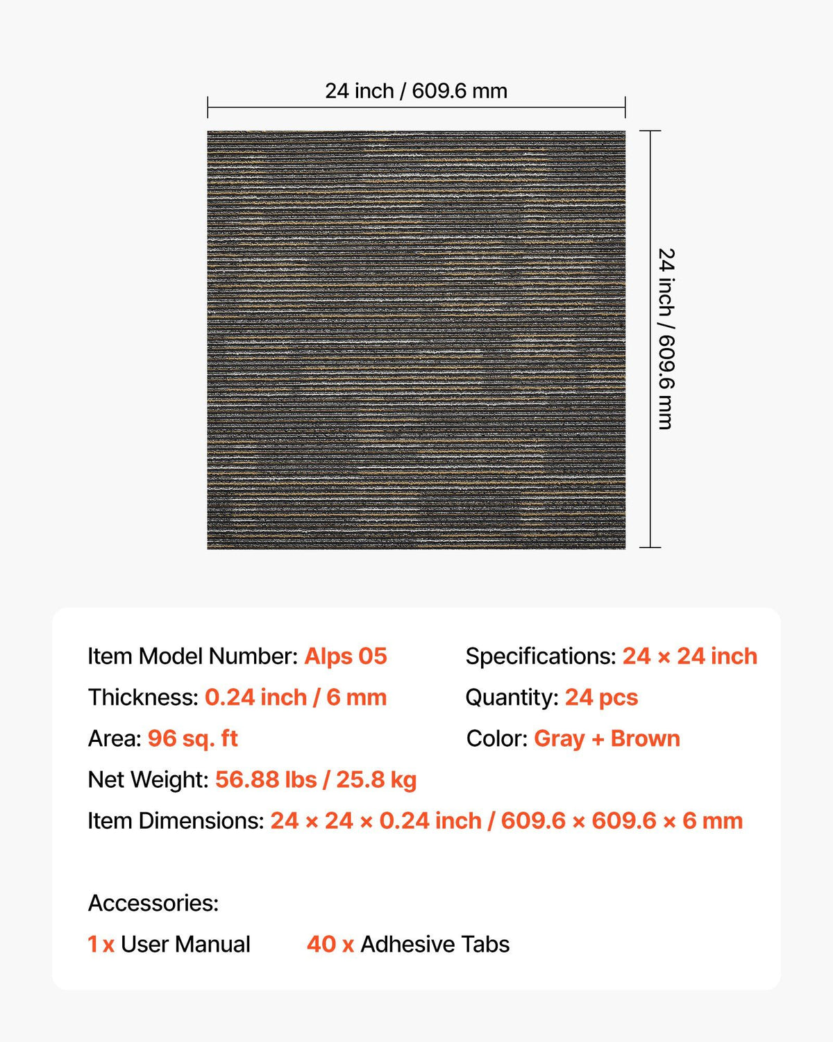 Carpet Tiles Reusable 610x610 mm, 24 PCS Modular Carpet Square Rug, Commercial Floor Soft Padded for Seamless V952-KCXFKDT2424IJ3ENO001V0