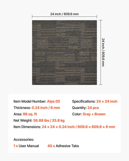 Carpet Tiles Reusable 610x610 mm, 24 PCS Modular Carpet Square Rug, Commercial Floor Soft Padded for Seamless V952-KCXFKDT2424IJ3ENO001V0