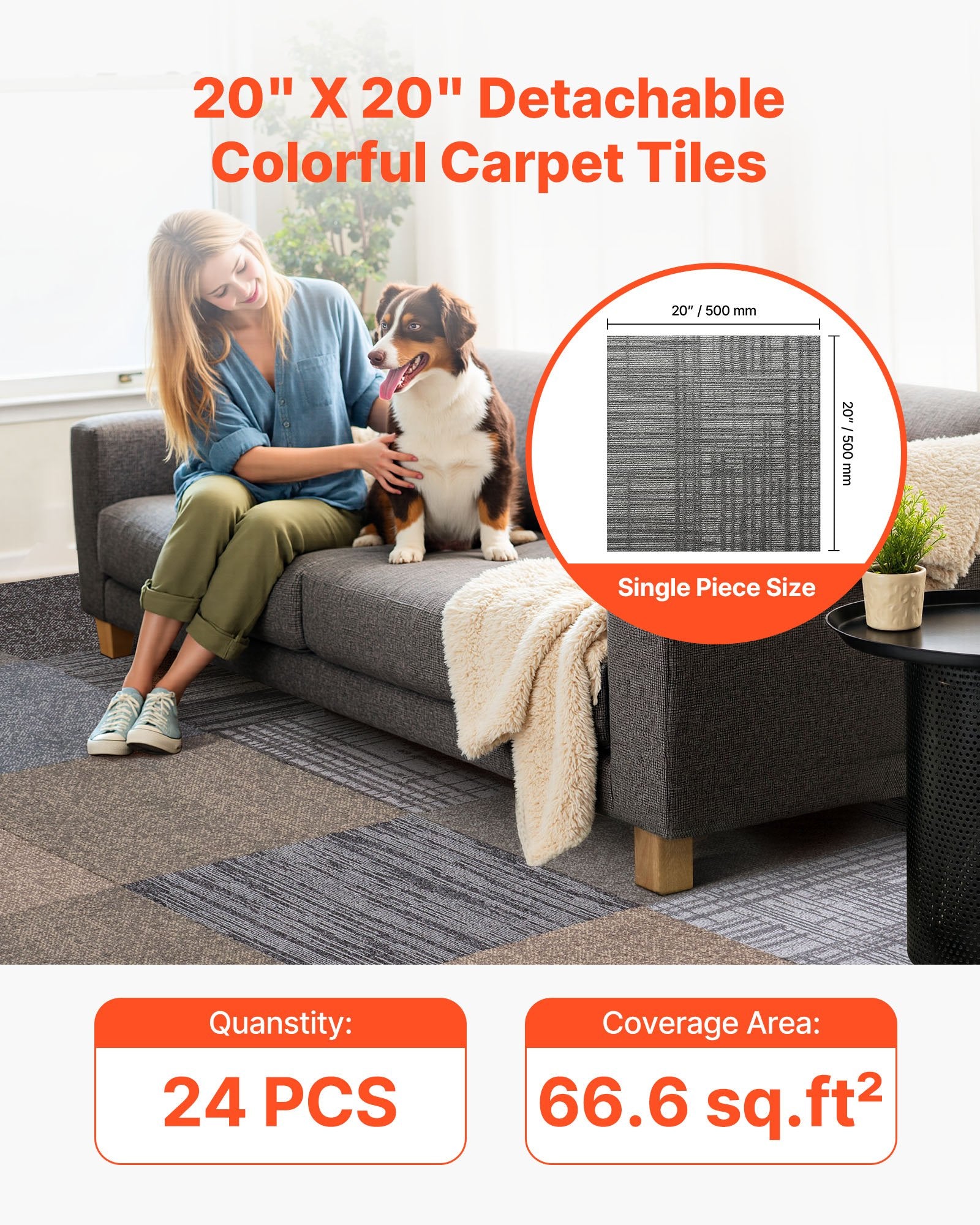Carpet Tiles Reusable 508 x 508 mm, 24 PCS Modular Carpet Square Rug, Commercial Floor Soft Padded for V952-KCXFKDT2424IJUMHI001V0