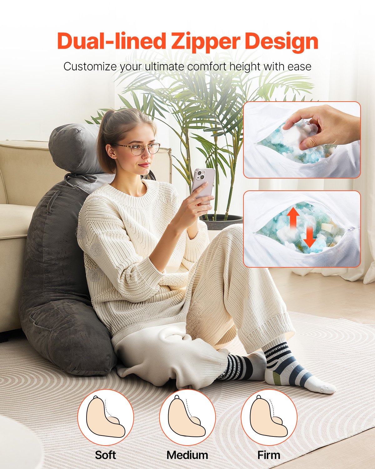 Reading Pillow, Large Bed Pillow with Removable Headrest, Back Pillow with 3 Pockets, Shredded Memory Foam V952-KCXYDZHS0000OIZHF001V0