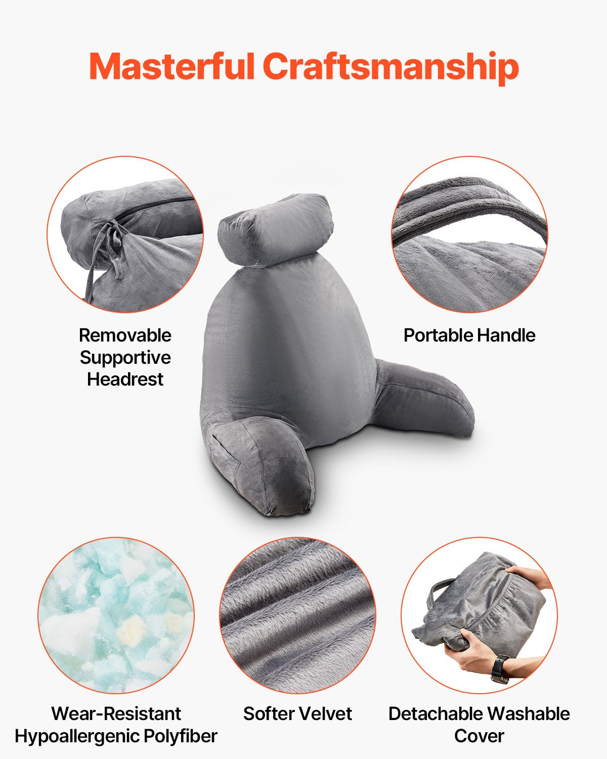 Reading Pillow, Large Bed Pillow with Removable Headrest, Back Pillow with 3 Pockets, Shredded Memory Foam V952-KCXYDZHS0000OIZHF001V0