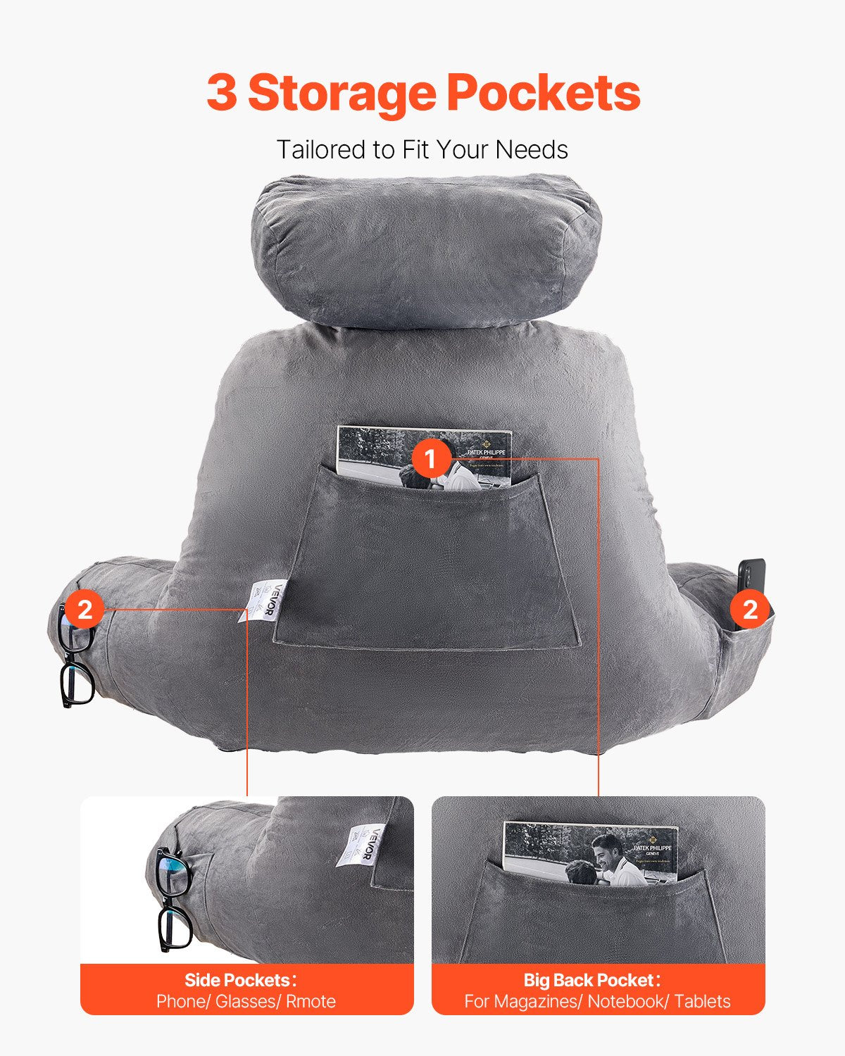 Reading Pillow, Large Bed Pillow with Removable Headrest, Back Pillow with 3 Pockets, Shredded Memory Foam V952-KCXYDZHS0000OIZHF001V0