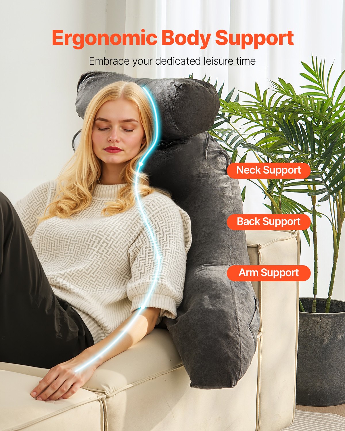 Reading Pillow, Large Bed Pillow with Removable Headrest, Back Pillow with 3 Pockets, Shredded Memory Foam V952-KCXYDZHS0000OIZHF001V0
