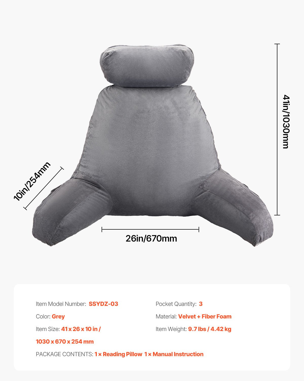 Reading Pillow, Large Bed Pillow with Removable Headrest, Back Pillow with 3 Pockets, Shredded Memory Foam V952-KCXYDZHS0000OIZHF001V0