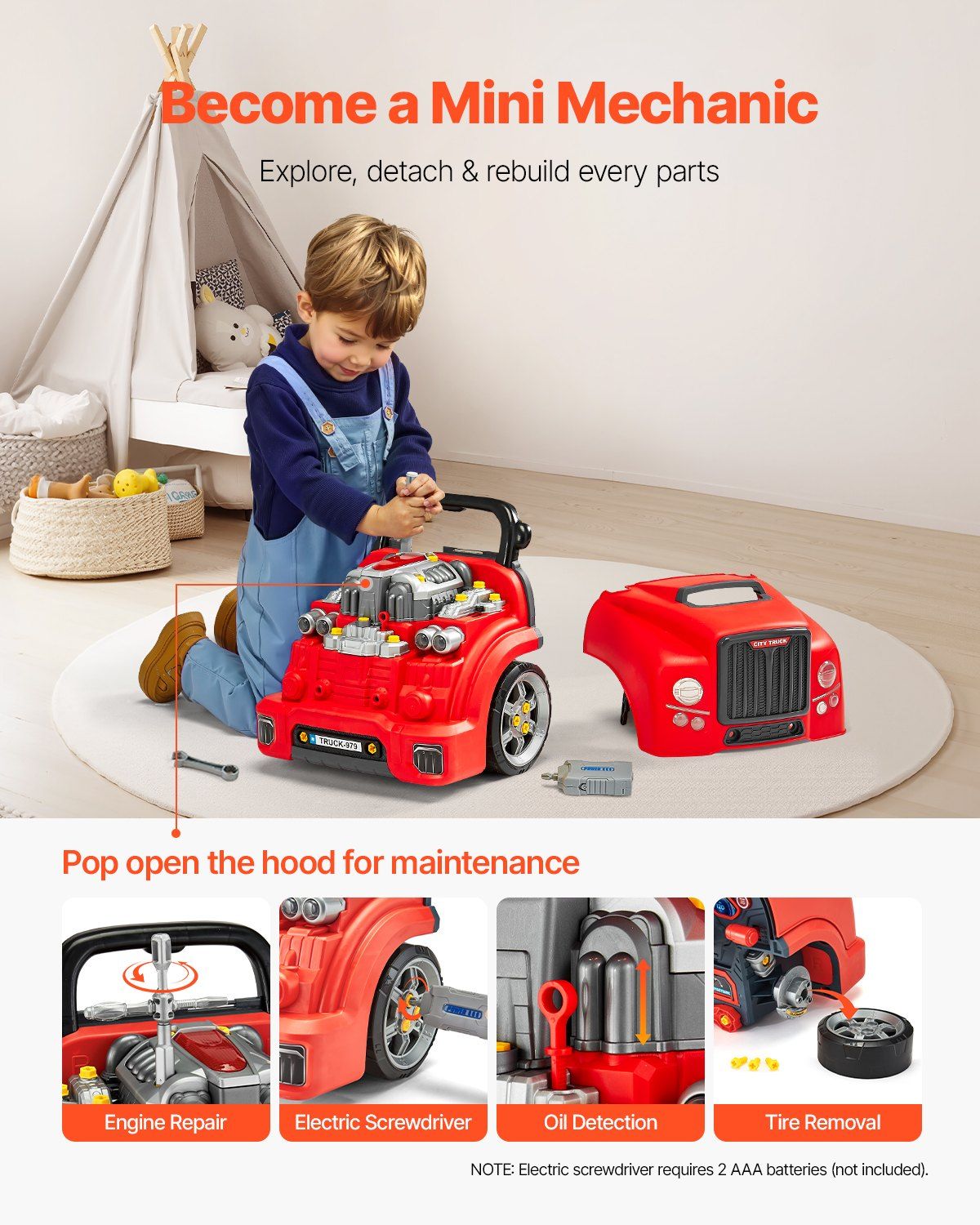 Engine Toy, 60 Pieces, Kids Mechanic Car Repair Set with Removable Parts, Lights and Sounds, Steering Wheel V952-KCYQWJHSKCZXMUPE2001V9