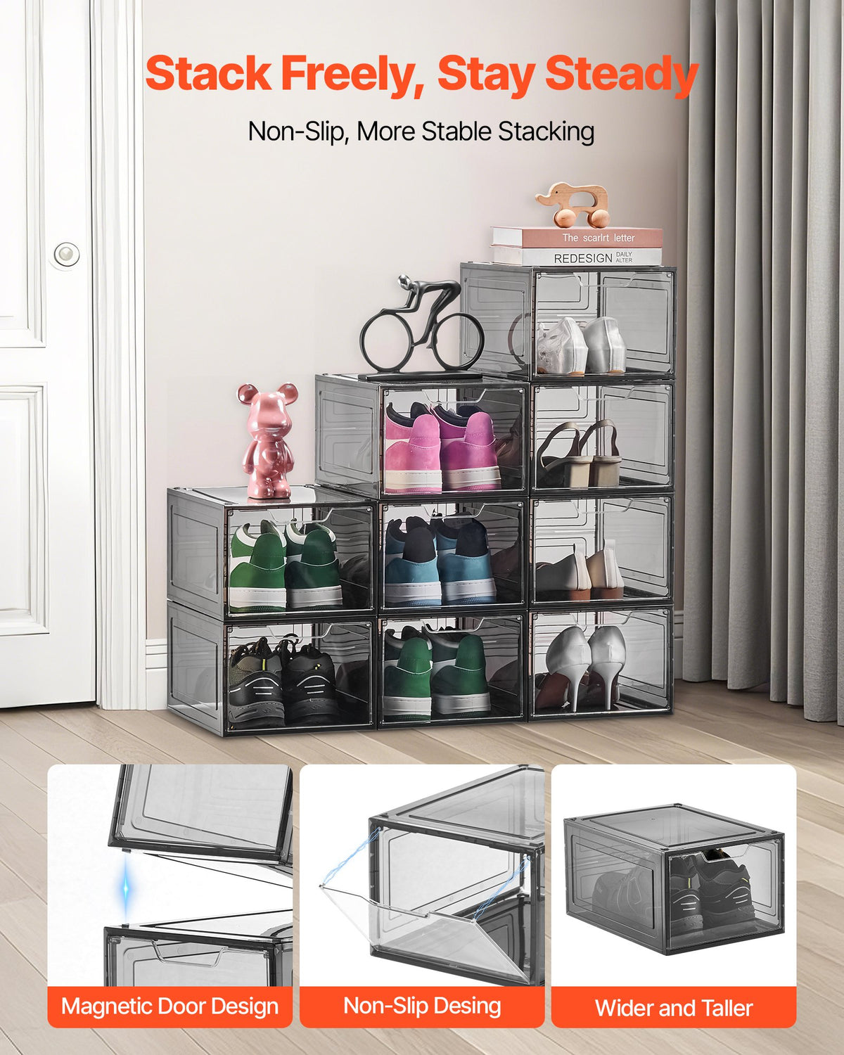 Shoe Storage Boxes, 9 Pack Clear Stackable Shoe Boxes Storage Organizers with Magnetic Door, Fit up to US V952-KDDQTMCXXHQK0RMOI001V0