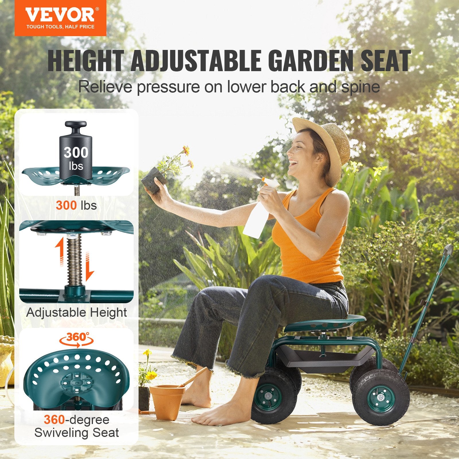 Garden Cart Rolling Workseat with Wheels, Gardening Stool for Planting, 360 Degree Swivel Seat, Wagon Scooter V952-KDJQXKQX0000M1EWPV0