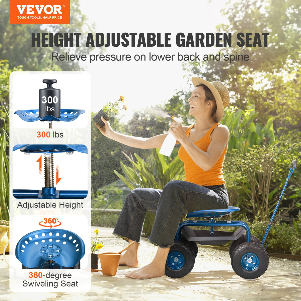 Rolling Garden Cart with Seat and Wheels Extendable Steer Handle Blue V952-KDJZXKZX0000VA4IPV0