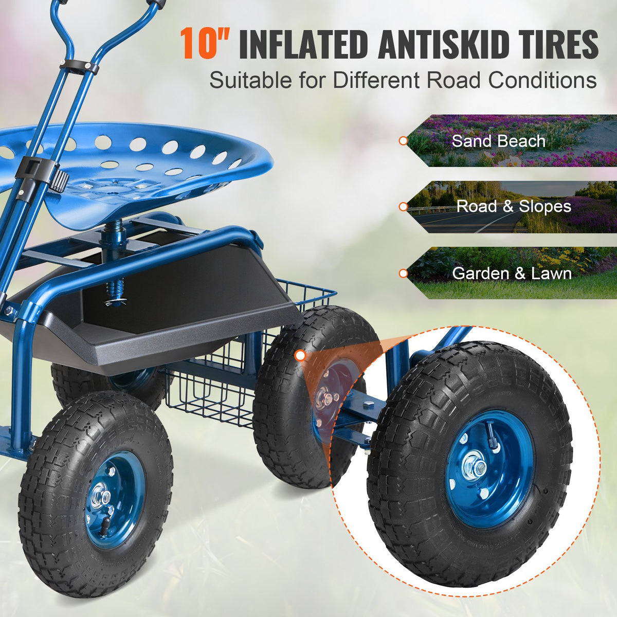 Rolling Garden Cart with Seat and Wheels Extendable Steer Handle Blue V952-KDJZXKZX0000VA4IPV0