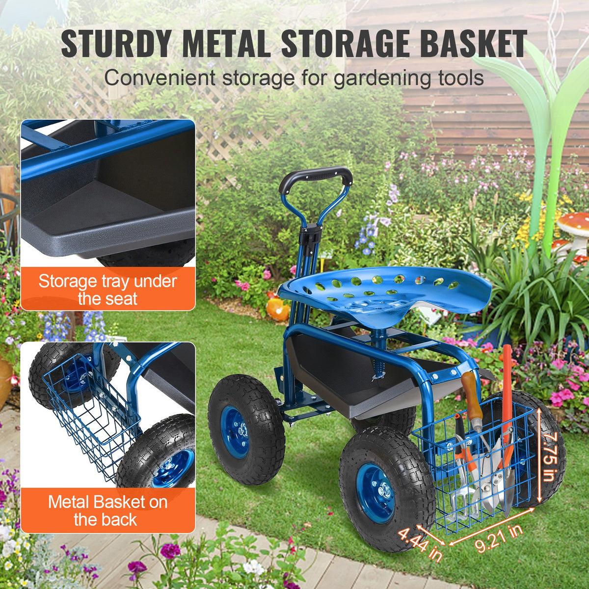 Rolling Garden Cart with Seat and Wheels Extendable Steer Handle Blue V952-KDJZXKZX0000VA4IPV0