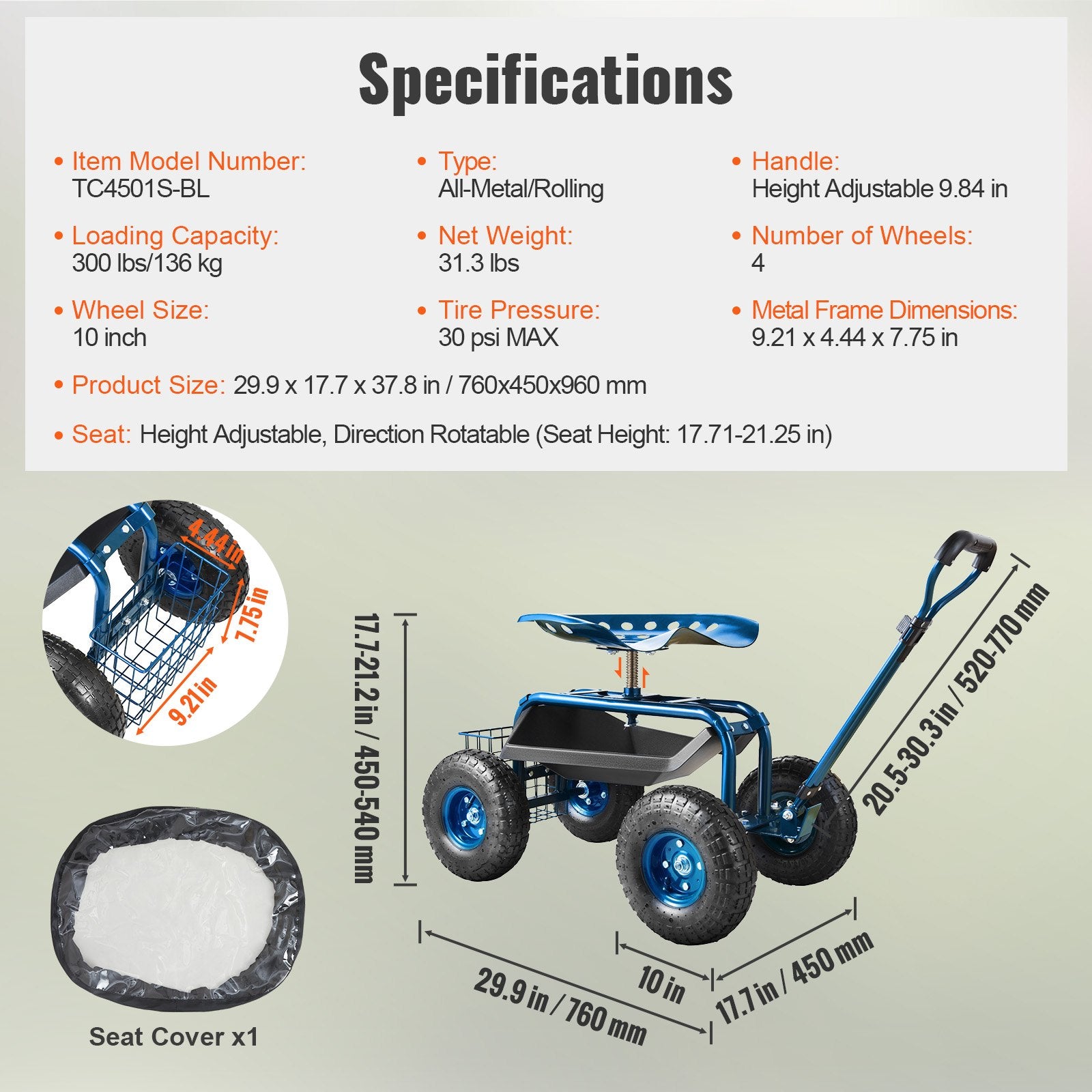 Rolling Garden Cart with Seat and Wheels Extendable Steer Handle Blue V952-KDJZXKZX0000VA4IPV0