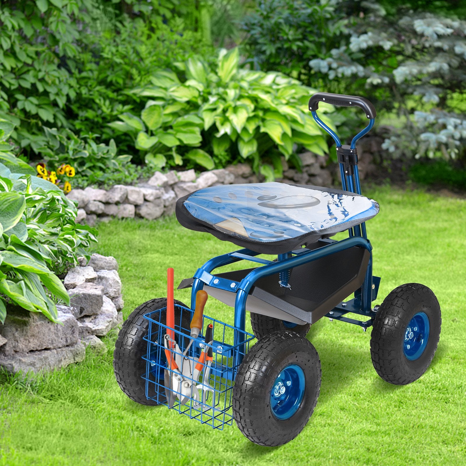Rolling Garden Cart with Seat and Wheels Extendable Steer Handle Blue V952-KDJZXKZX0000VA4IPV0